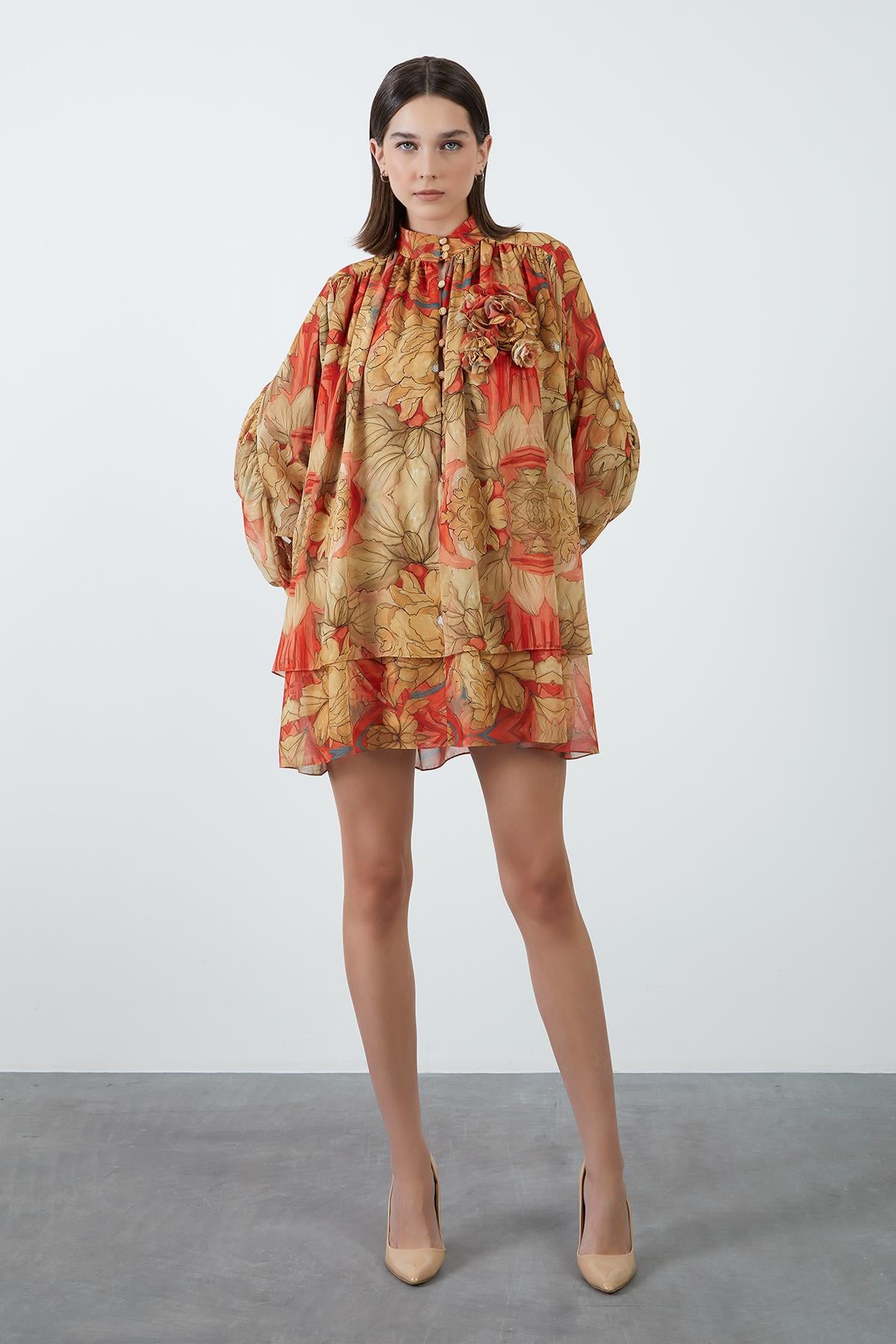 Beige Chiffon Mini Dress with Flower Pattern