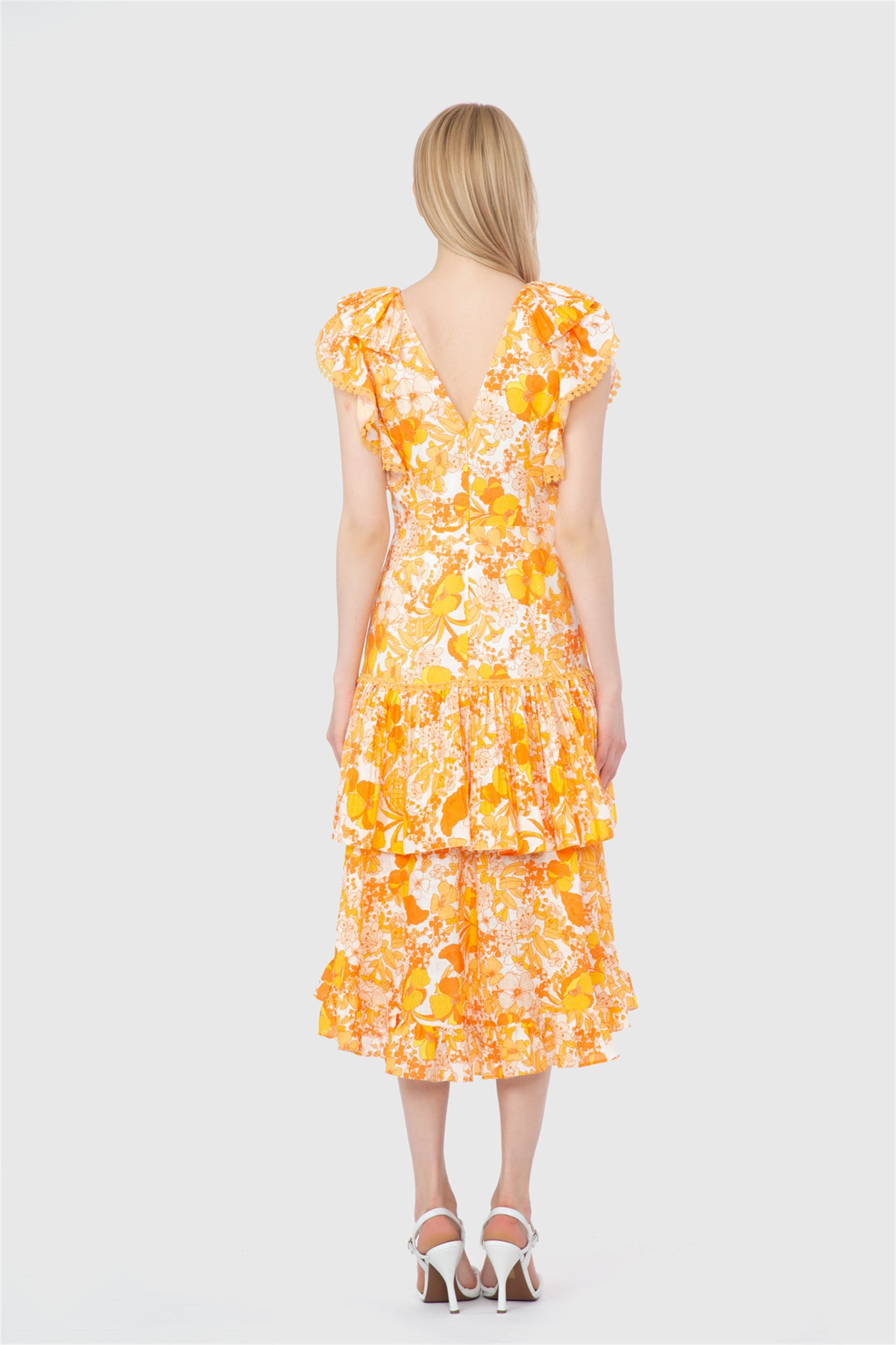 Floral Patterned V-Neck Yellow Dress