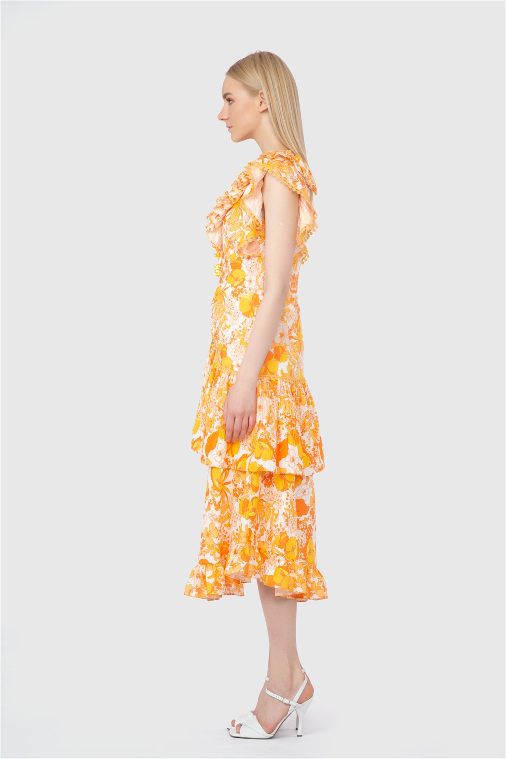 Floral Patterned V-Neck Yellow Dress