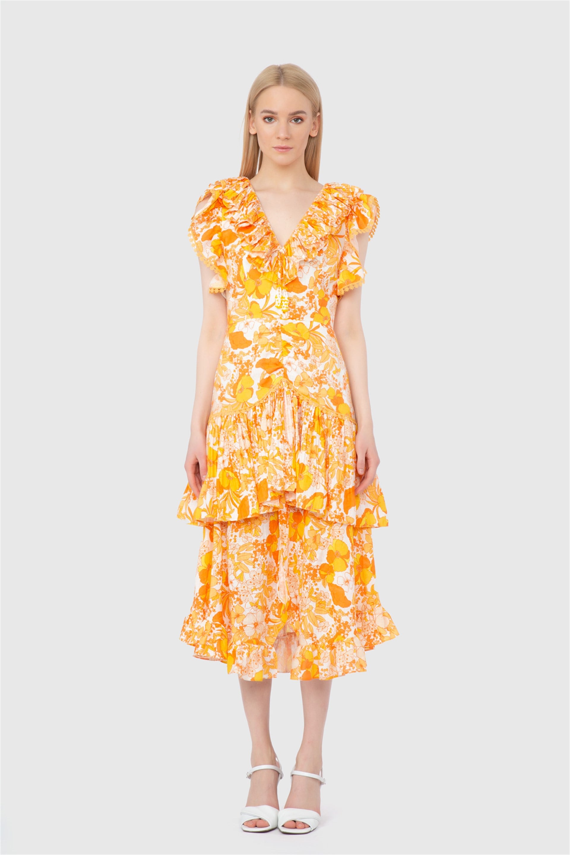 Floral Patterned V-Neck Yellow Dress
