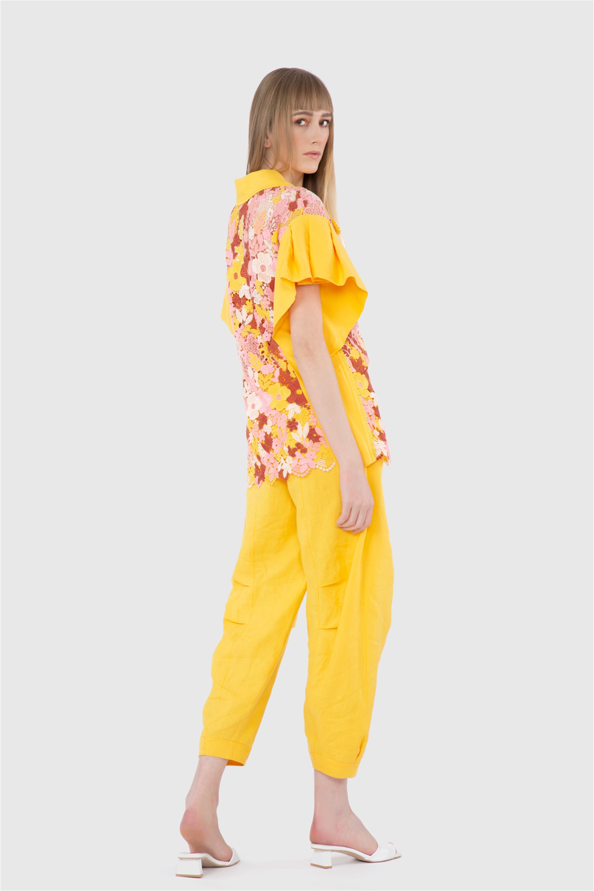 Floral Pattern Collar Yellow Blouse