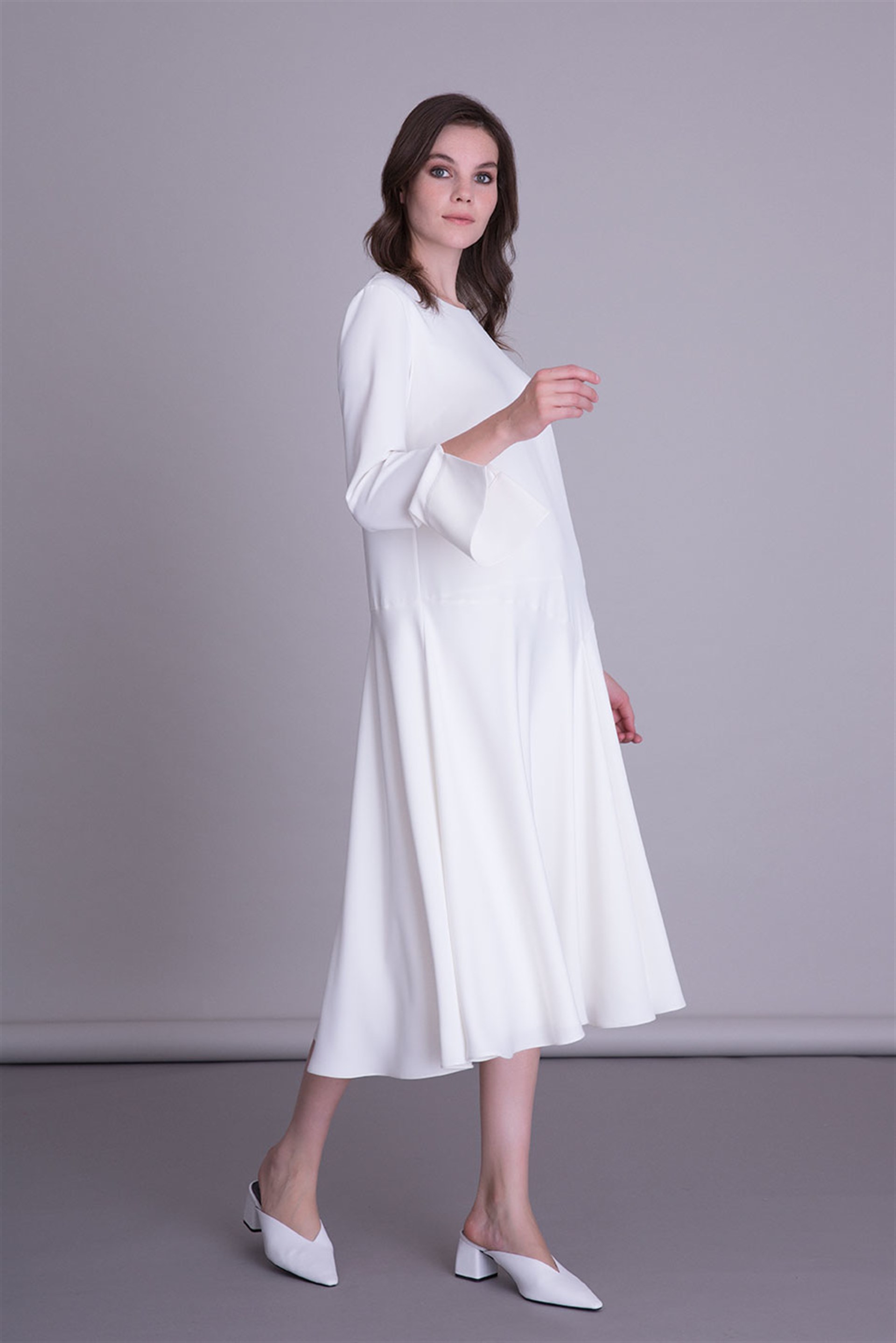 Embroidery Detailed Ecru Midi Dress