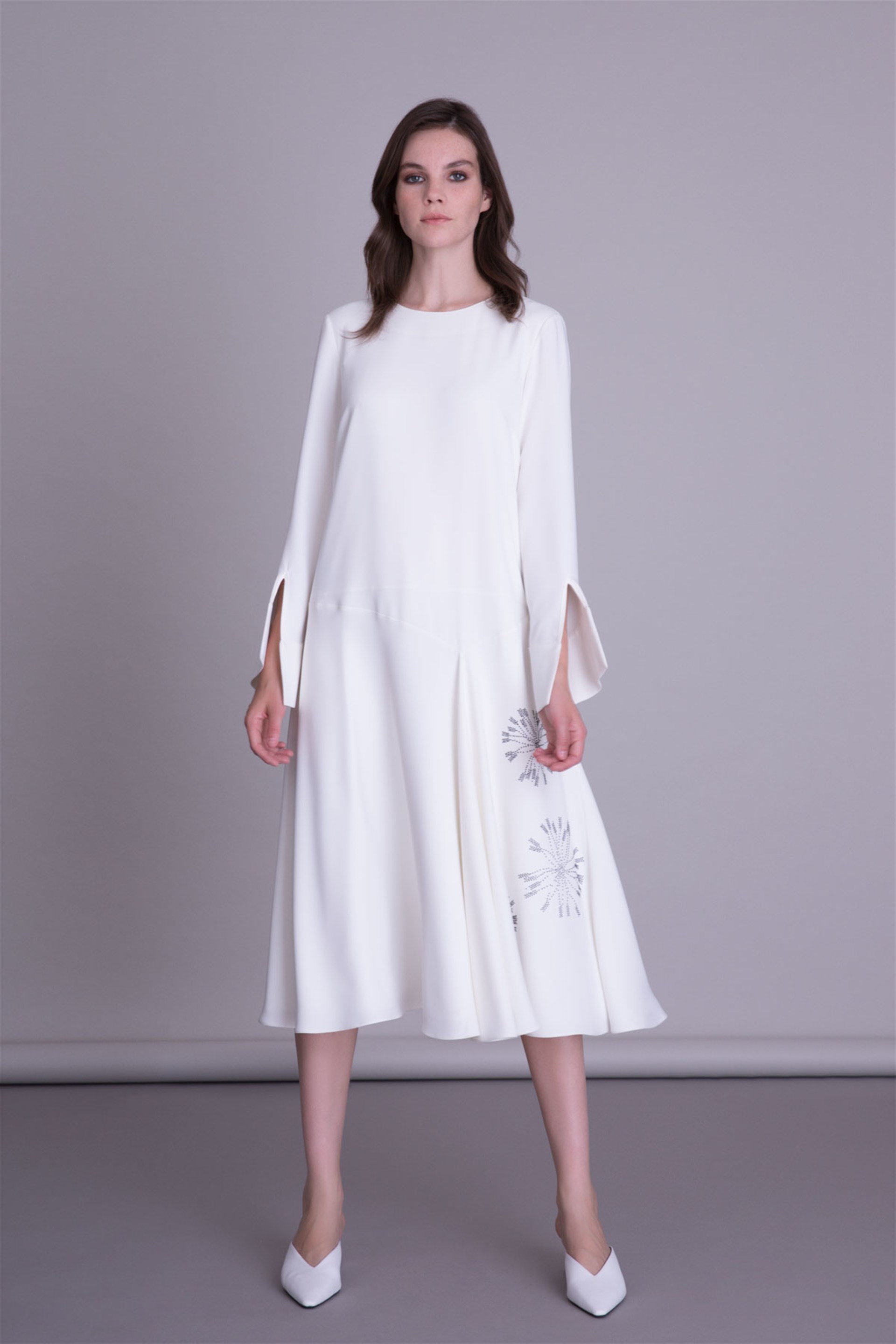 Embroidery Detailed Ecru Midi Dress
