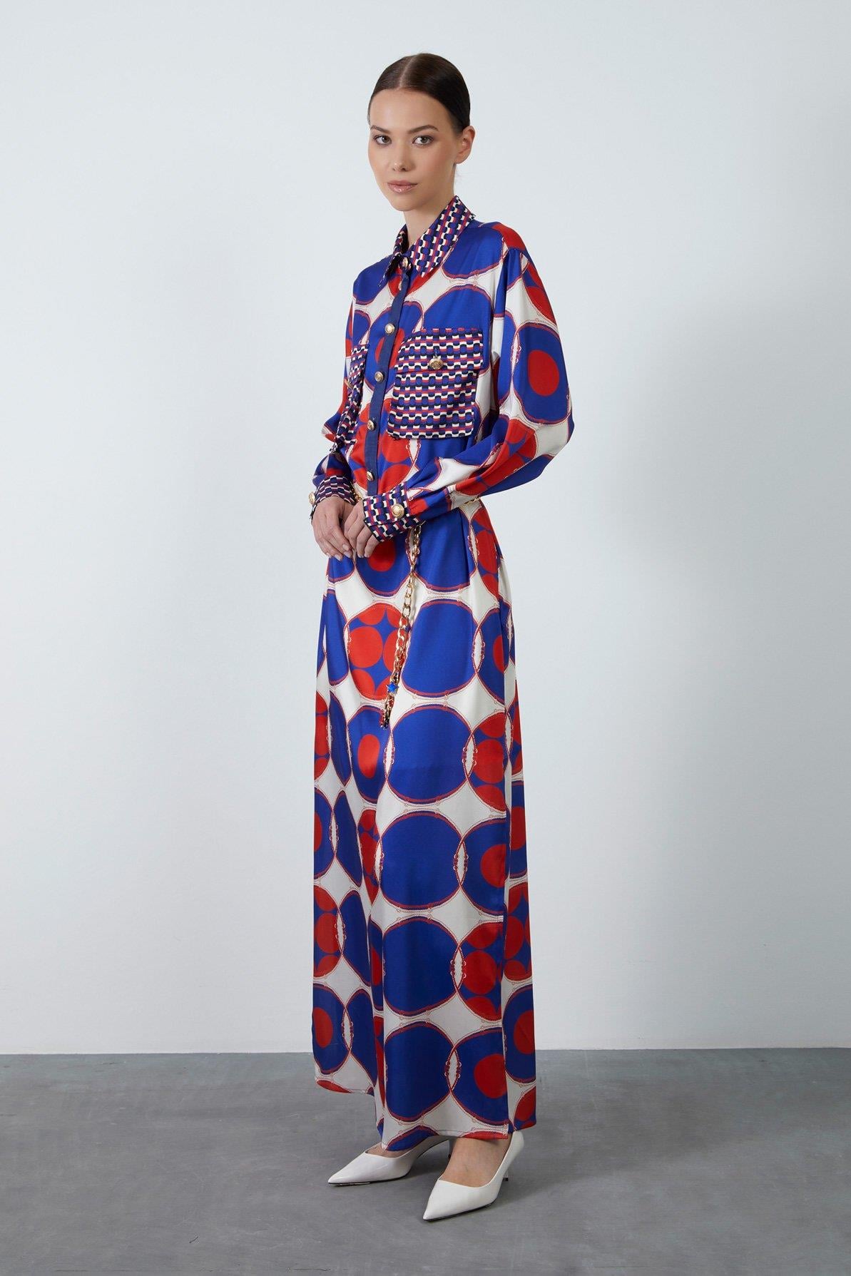 Removable Chain Belt Detail Gold Buttoned Long Patterned Dress