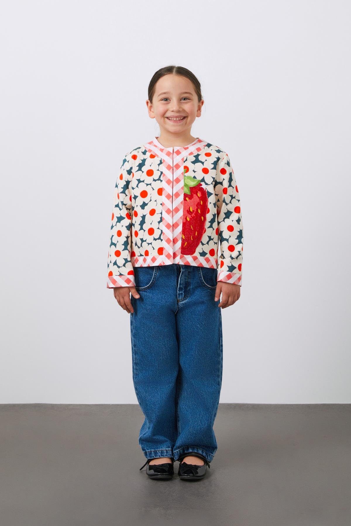 Çilek Nakışlı Desenli Mavi Koton Kız Çocuk Ceket