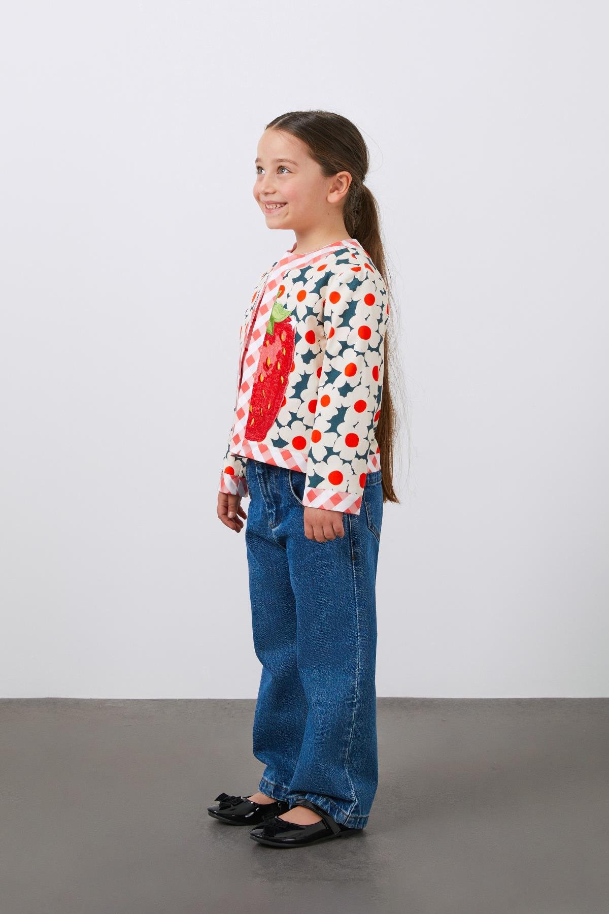 Çilek Nakışlı Desenli Mavi Koton Kız Çocuk Ceket