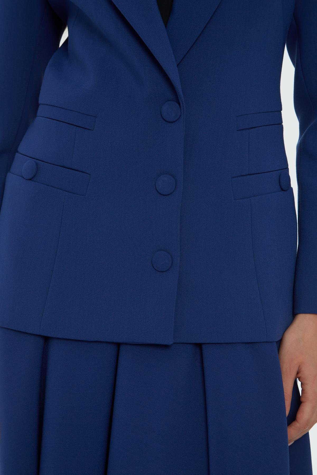 Çıtçıt Detaylı Vatkalı Fleto Cepli  Astarlı Mavi Ceket