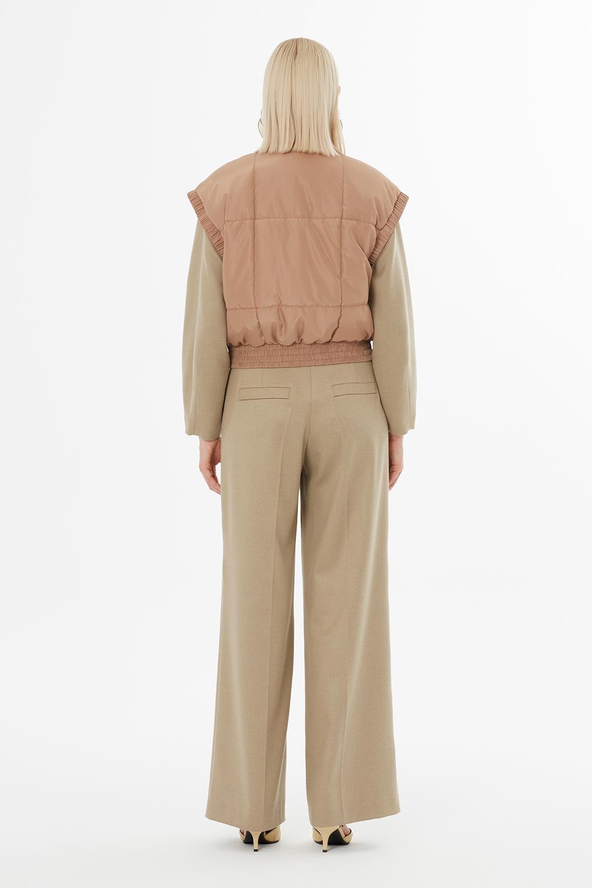 Taupe Puffer Vest with Elastic Waist and Snap Closure