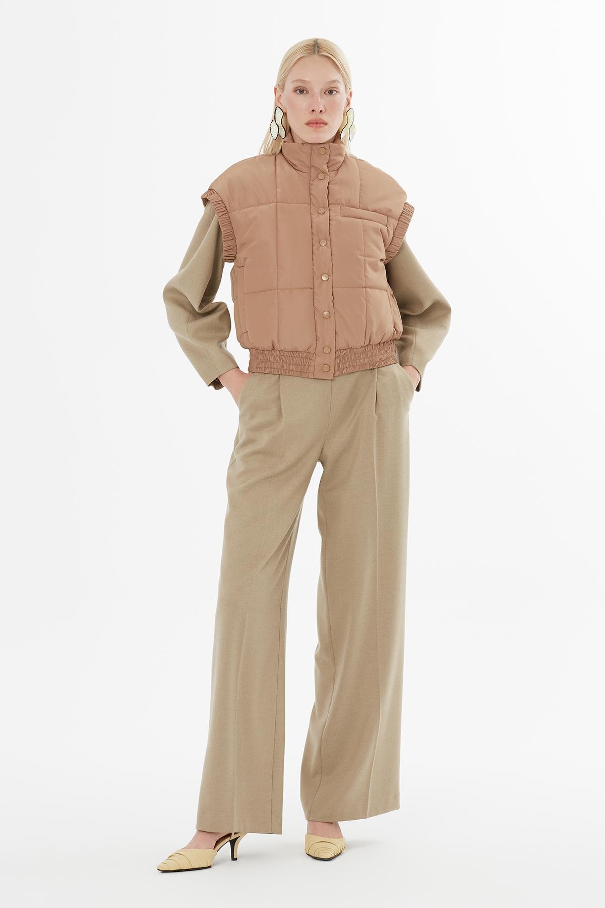 Taupe Puffer Vest with Elastic Waist and Snap Closure