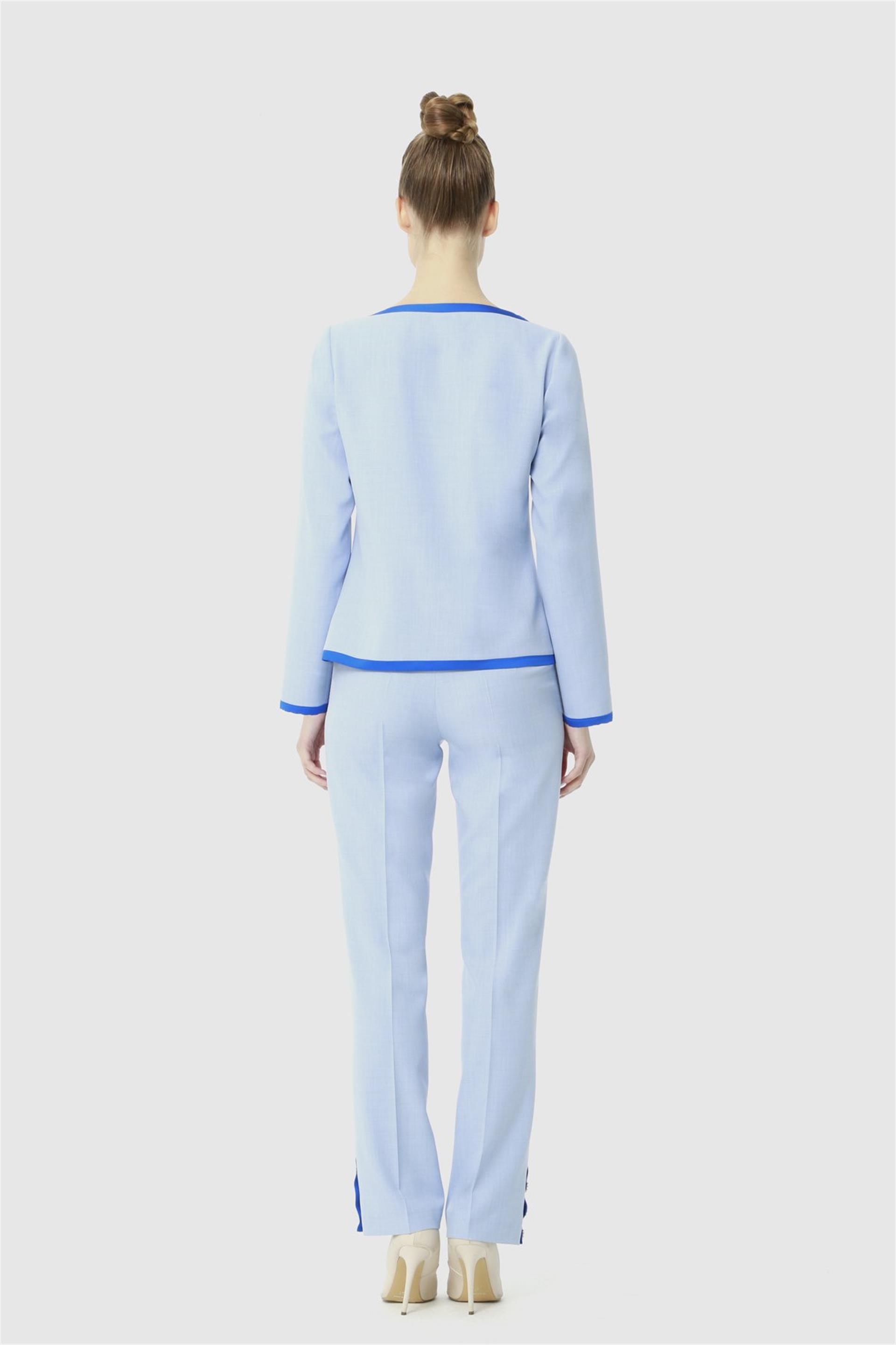 Asimetrik Yaka Detaylı İnci Düğmeli Mavi Takım Elbise