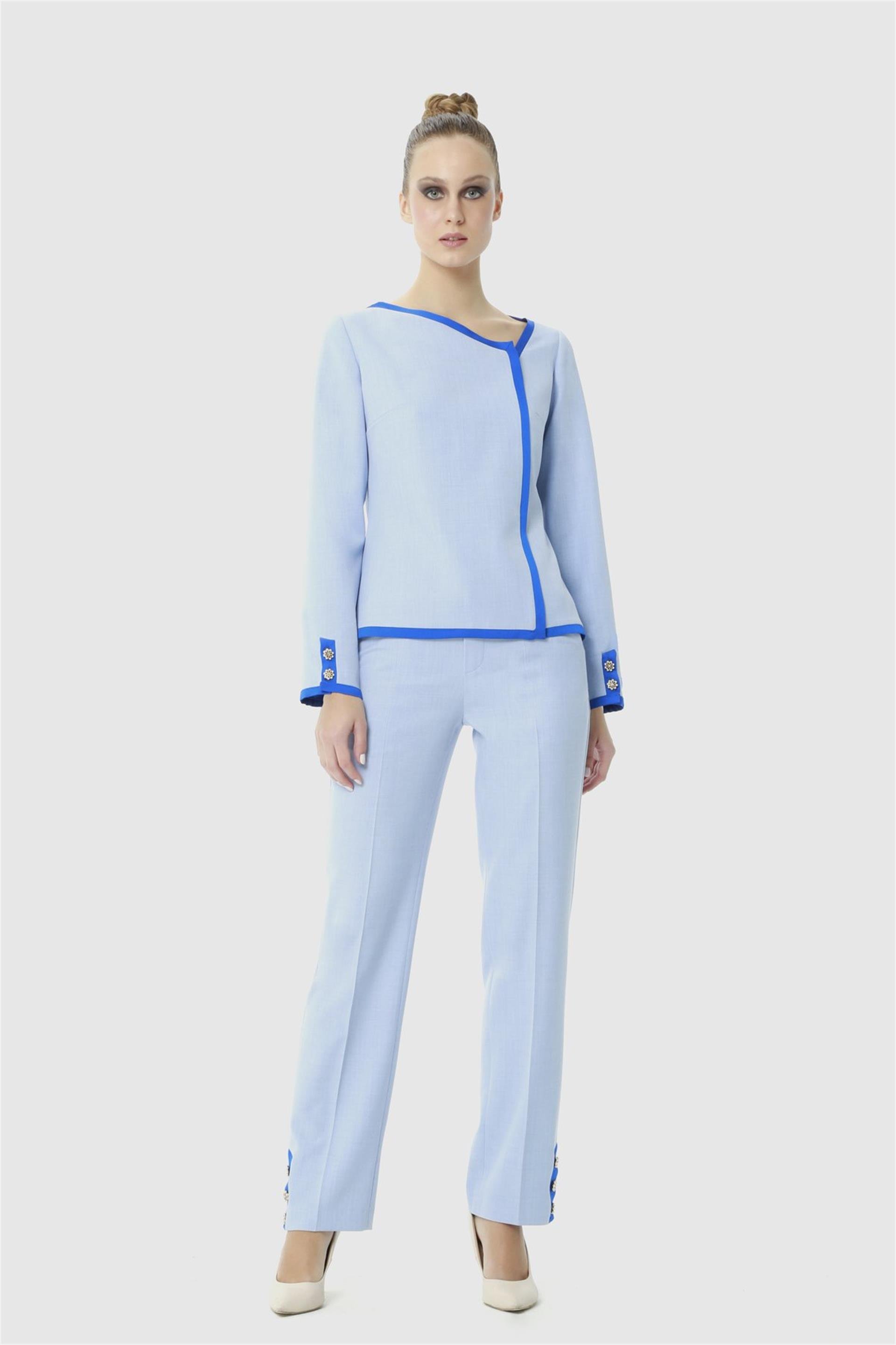 Asimetrik Yaka Detaylı İnci Düğmeli Mavi Takım Elbise