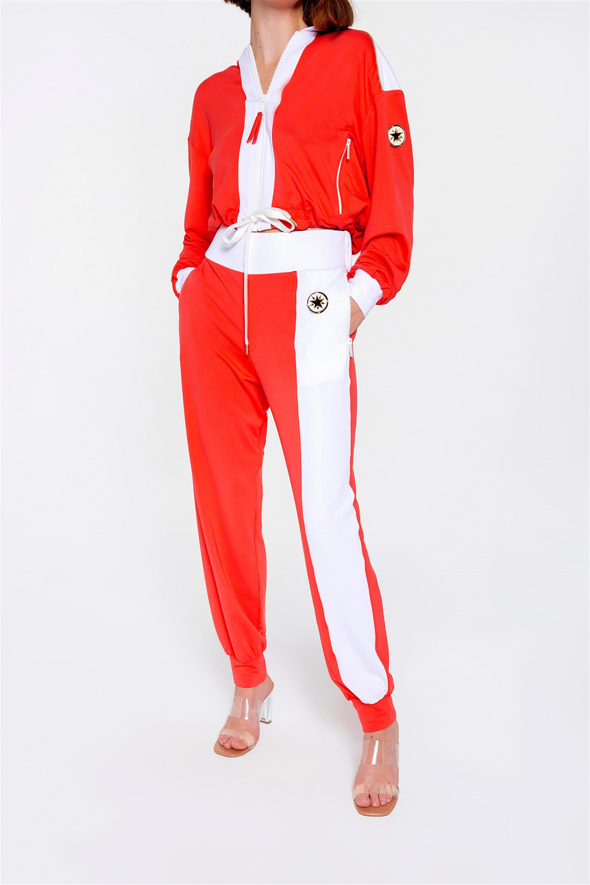 Coral Color Tracksuit With Metal Zipper Pockets With Star Plex Detail