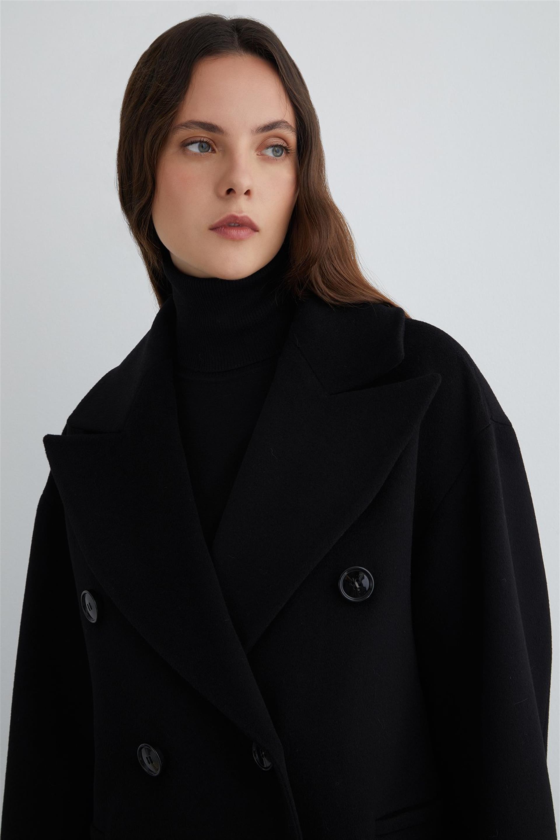 Kruvaze Kapama İpek Kaşmir Kaban