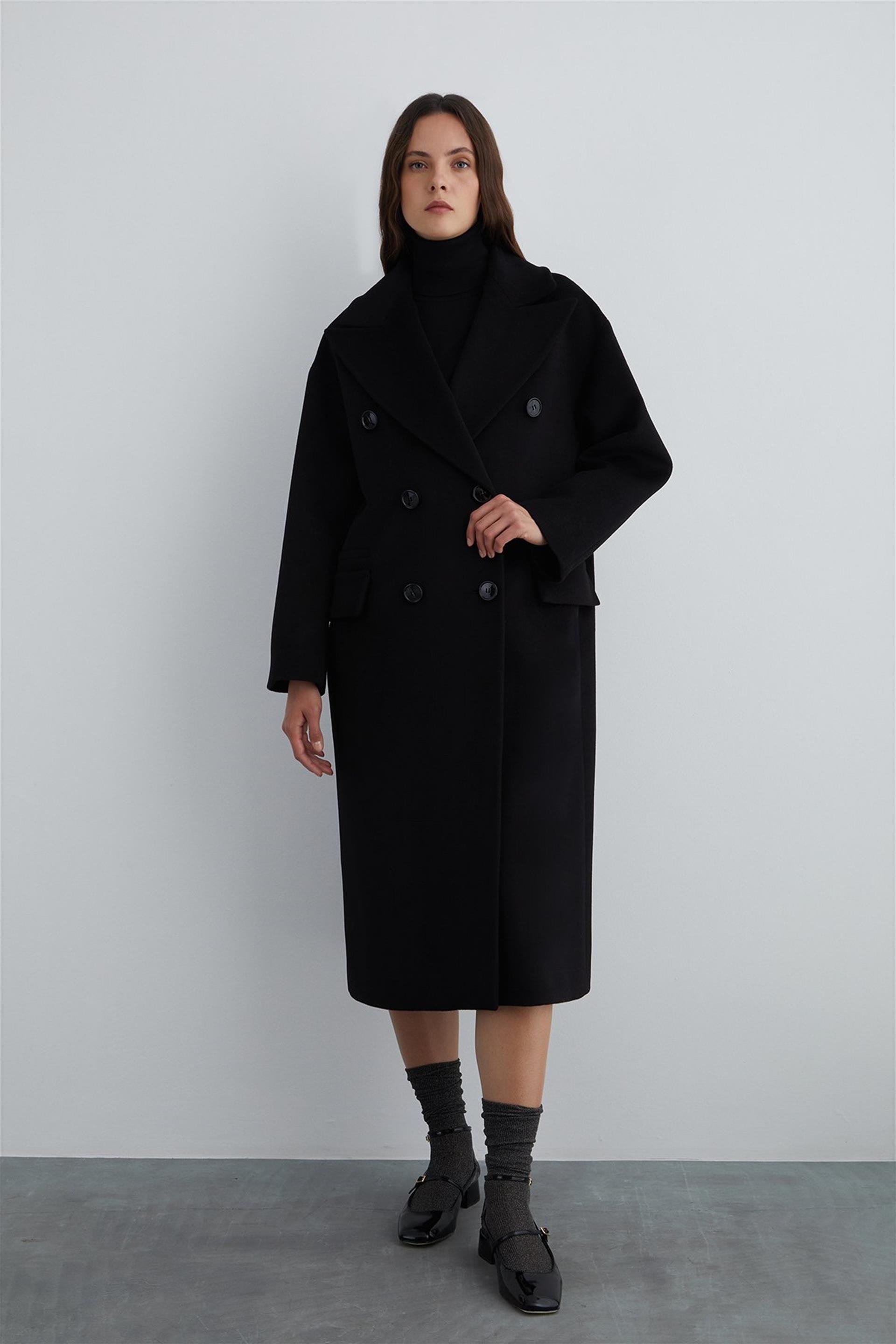 Kruvaze Kapama İpek Kaşmir Kaban