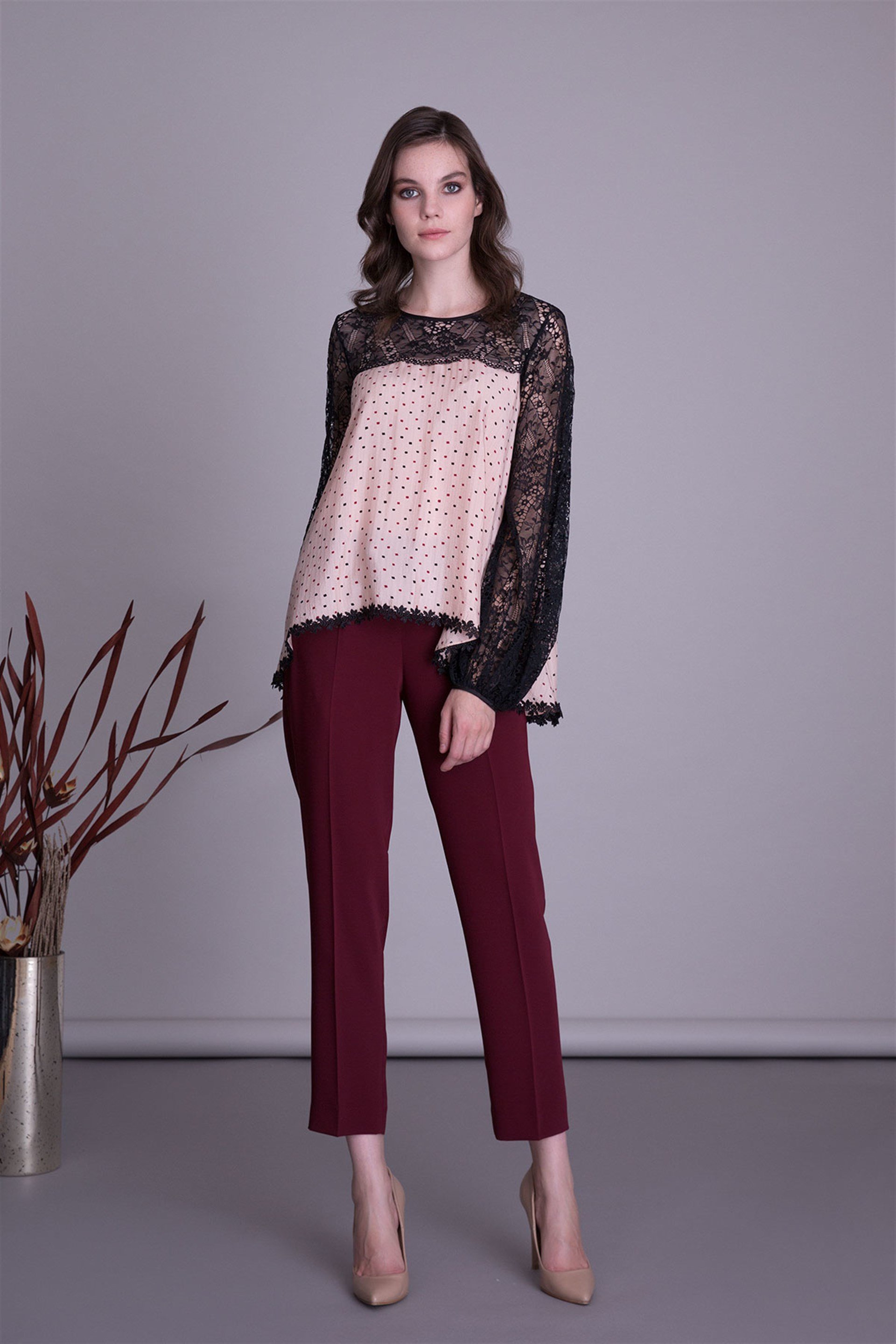 Lace Detailed Polka Dot Blouse