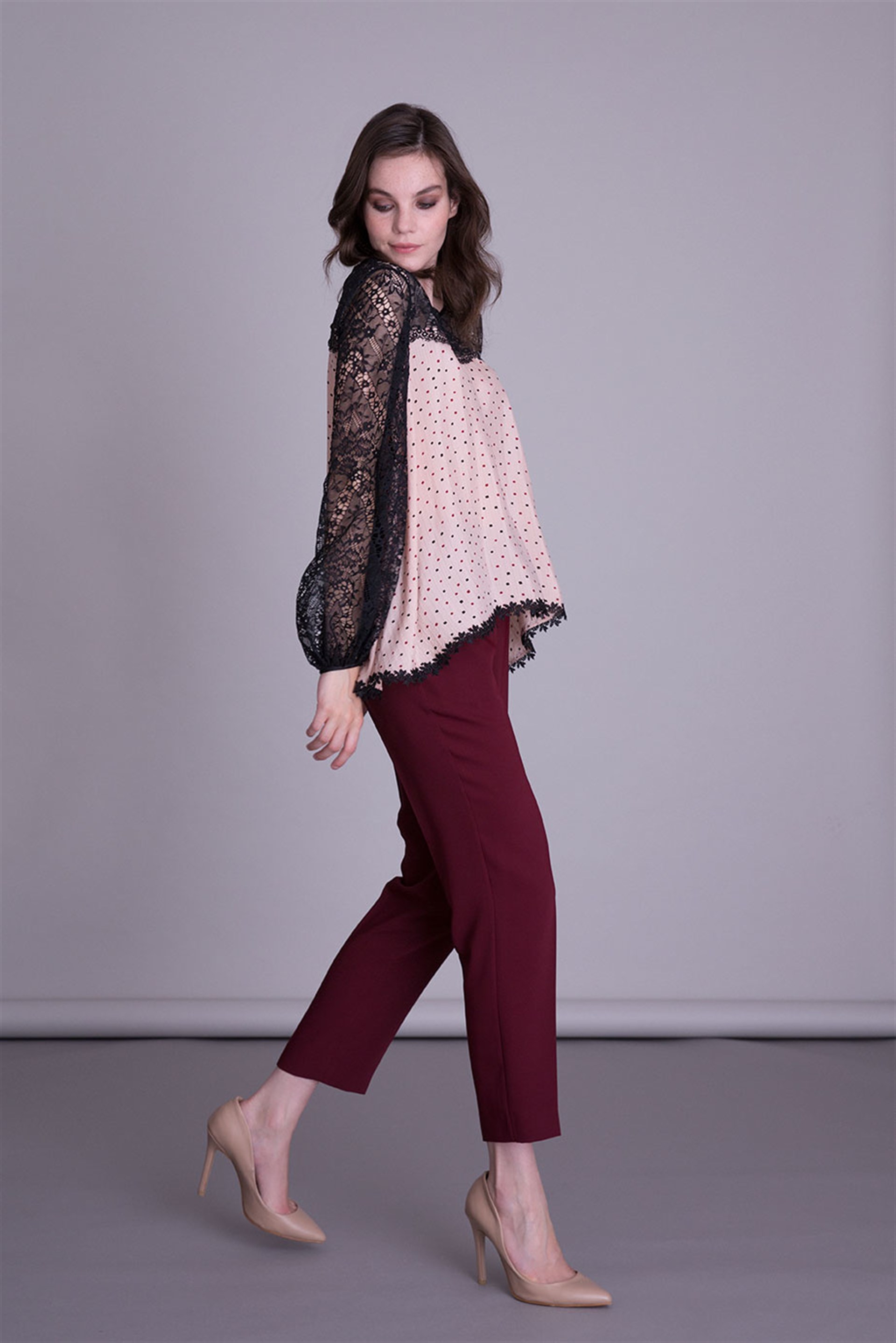 Lace Detailed Polka Dot Blouse