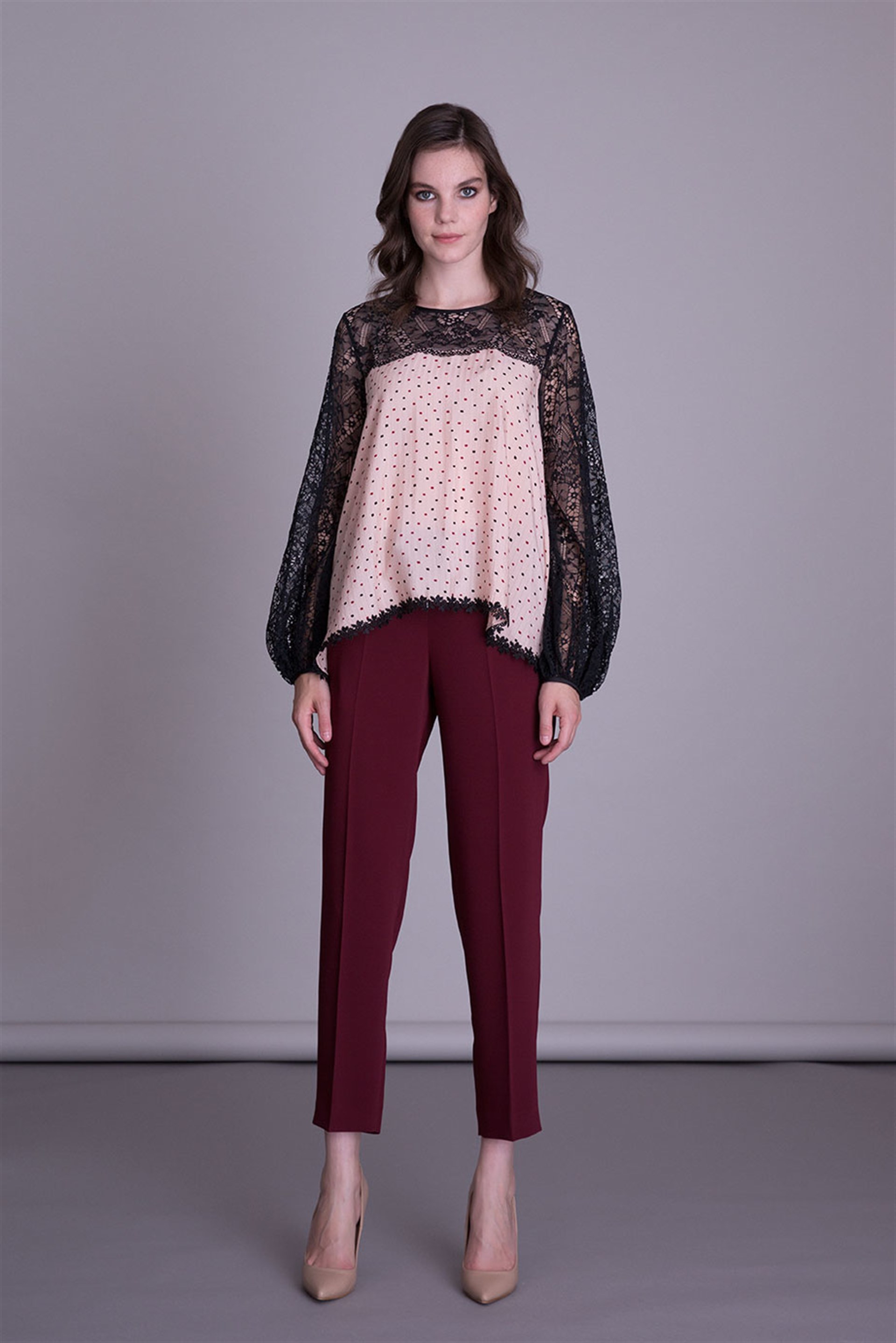 Lace Detailed Polka Dot Blouse