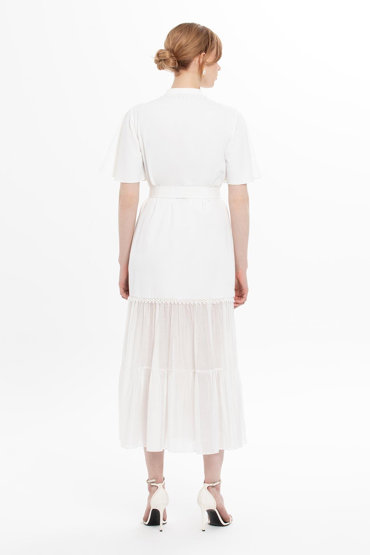 DANTEL ŞERİT DETAYLI KEMERLİ MAXI BOY ELBİSE