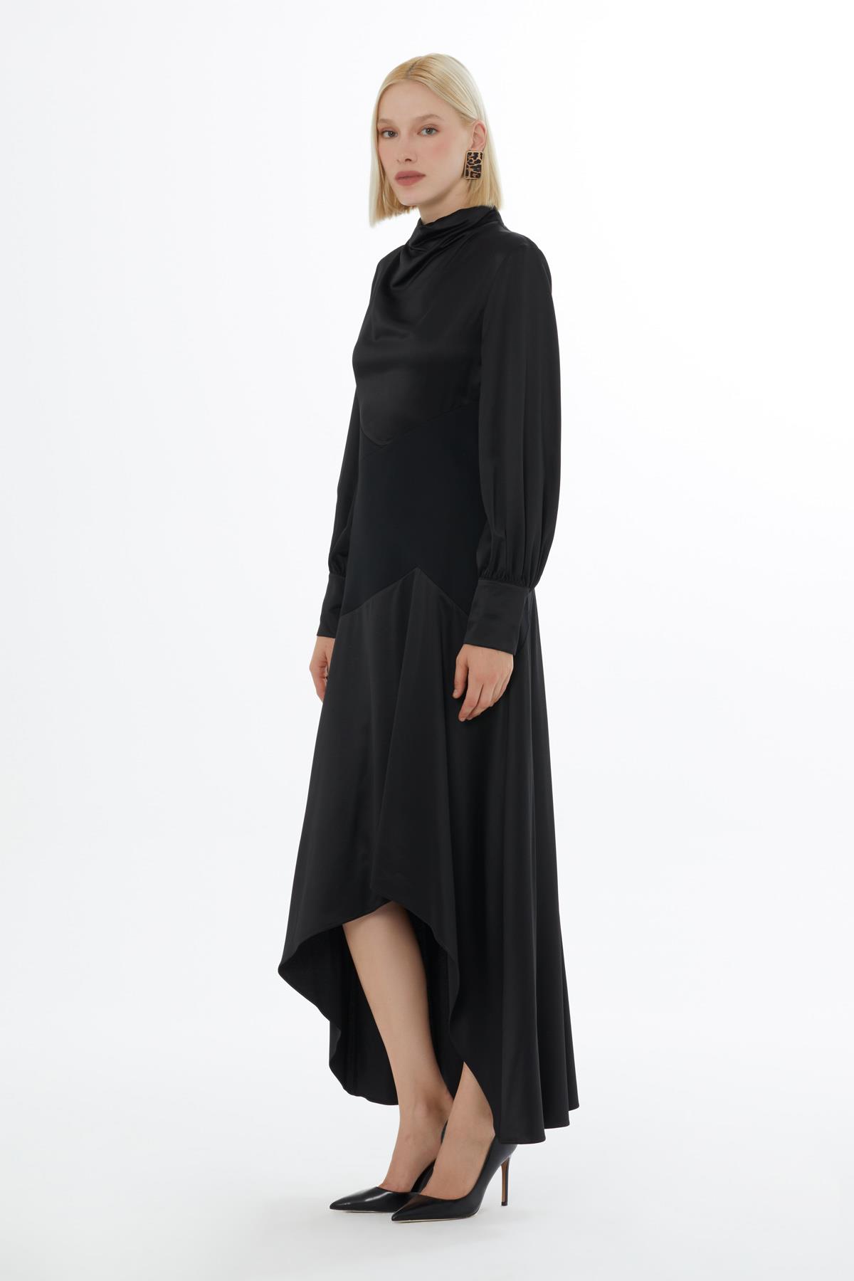 Degaje Yakalı Bel Detaylı Midi Turkuaz Elbise