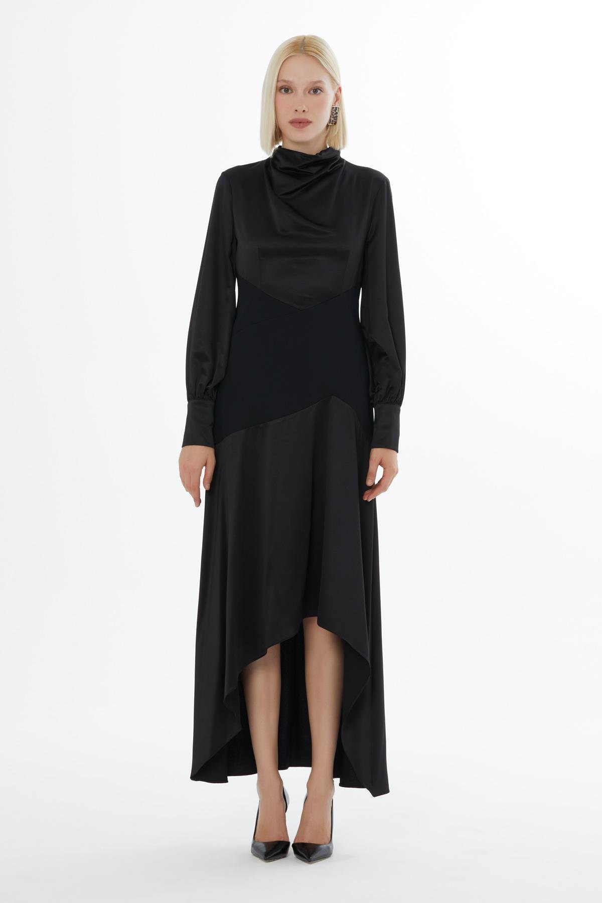 Degaje Yakalı Bel Detaylı Midi Turkuaz Elbise