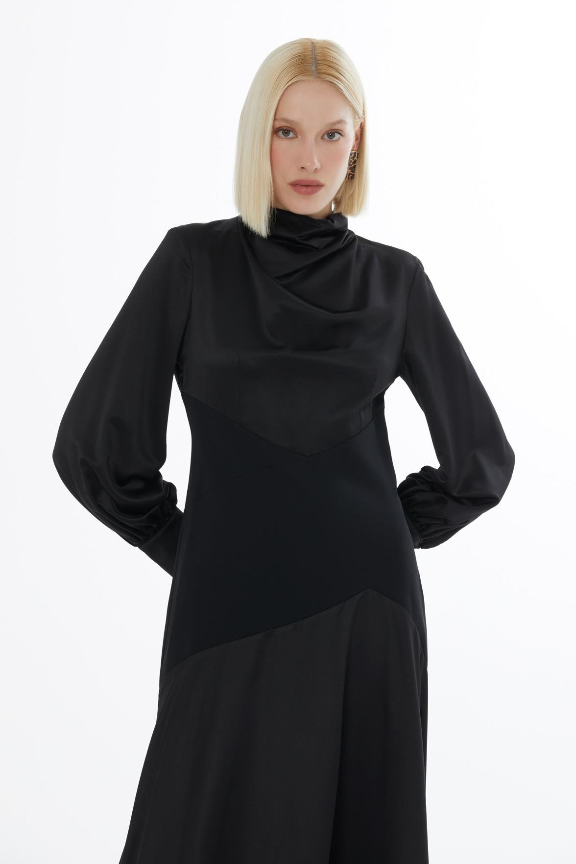 Degaje Yakalı Bel Detaylı Midi Turkuaz Elbise