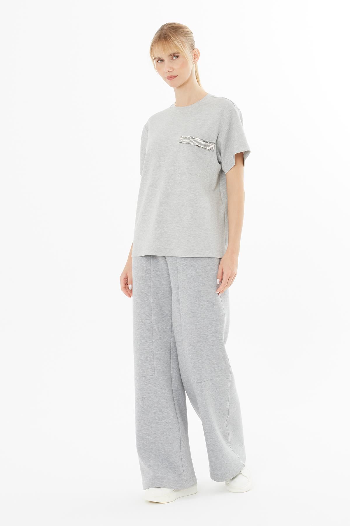 Basic Grey T-Shirt with Decorative Pockets