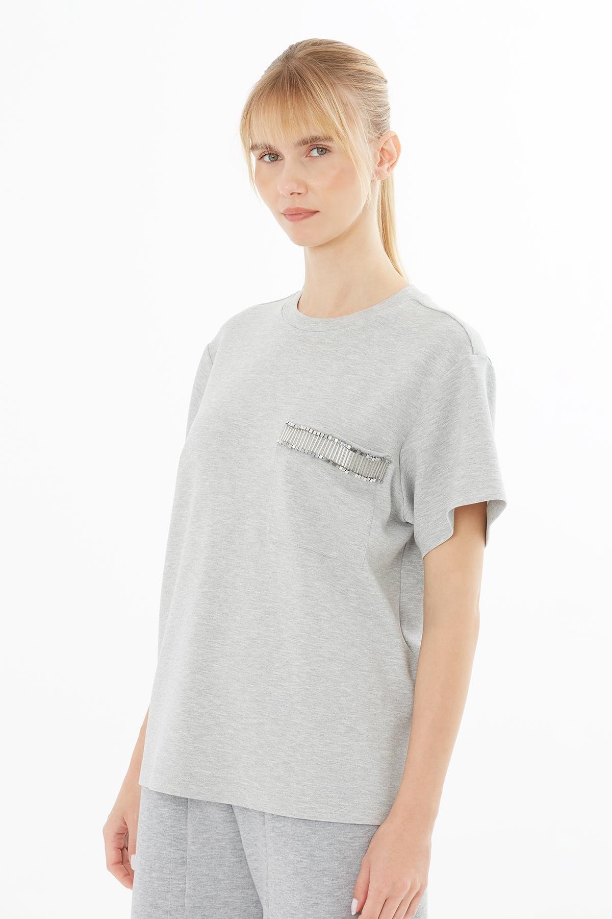 Basic Grey T-Shirt with Decorative Pockets