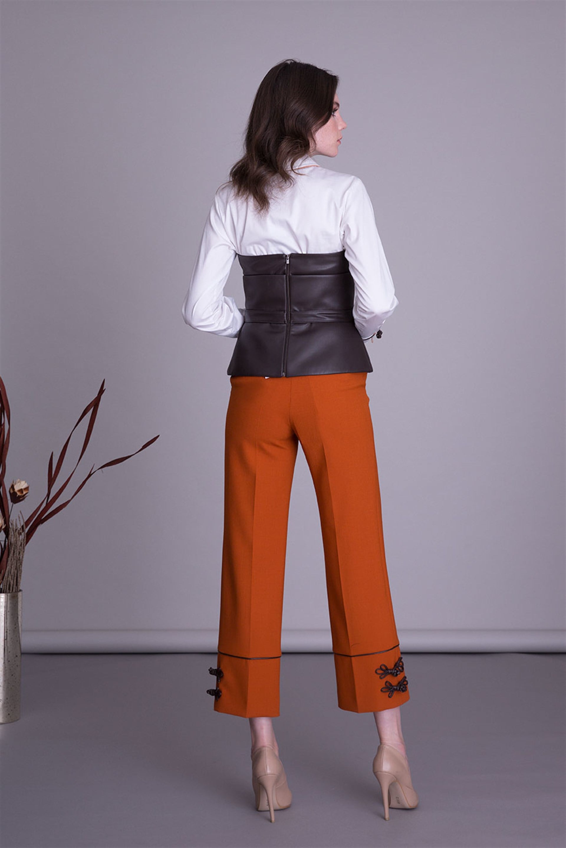 Wide Leg Orange Fabric Trousers With Leather Accessories