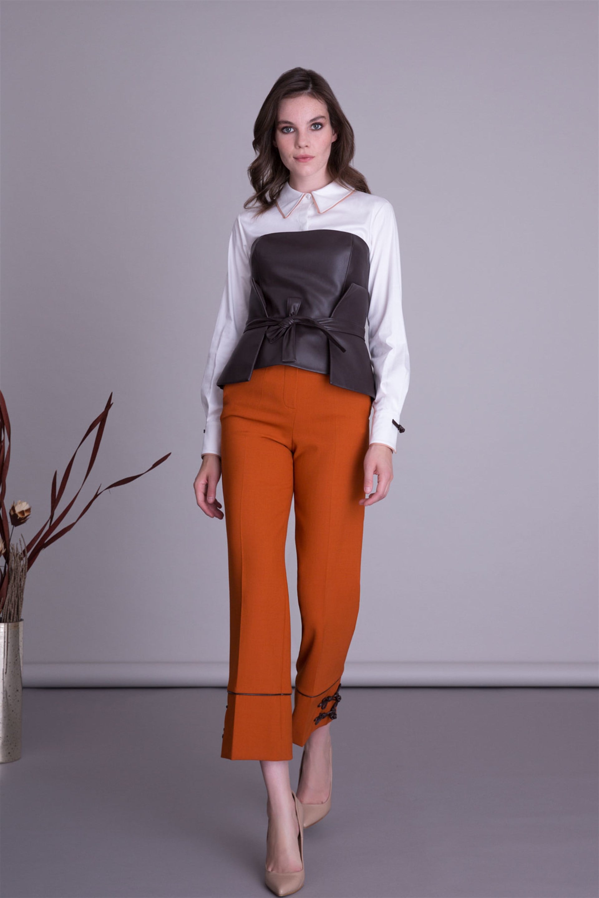 Wide Leg Orange Fabric Trousers With Leather Accessories
