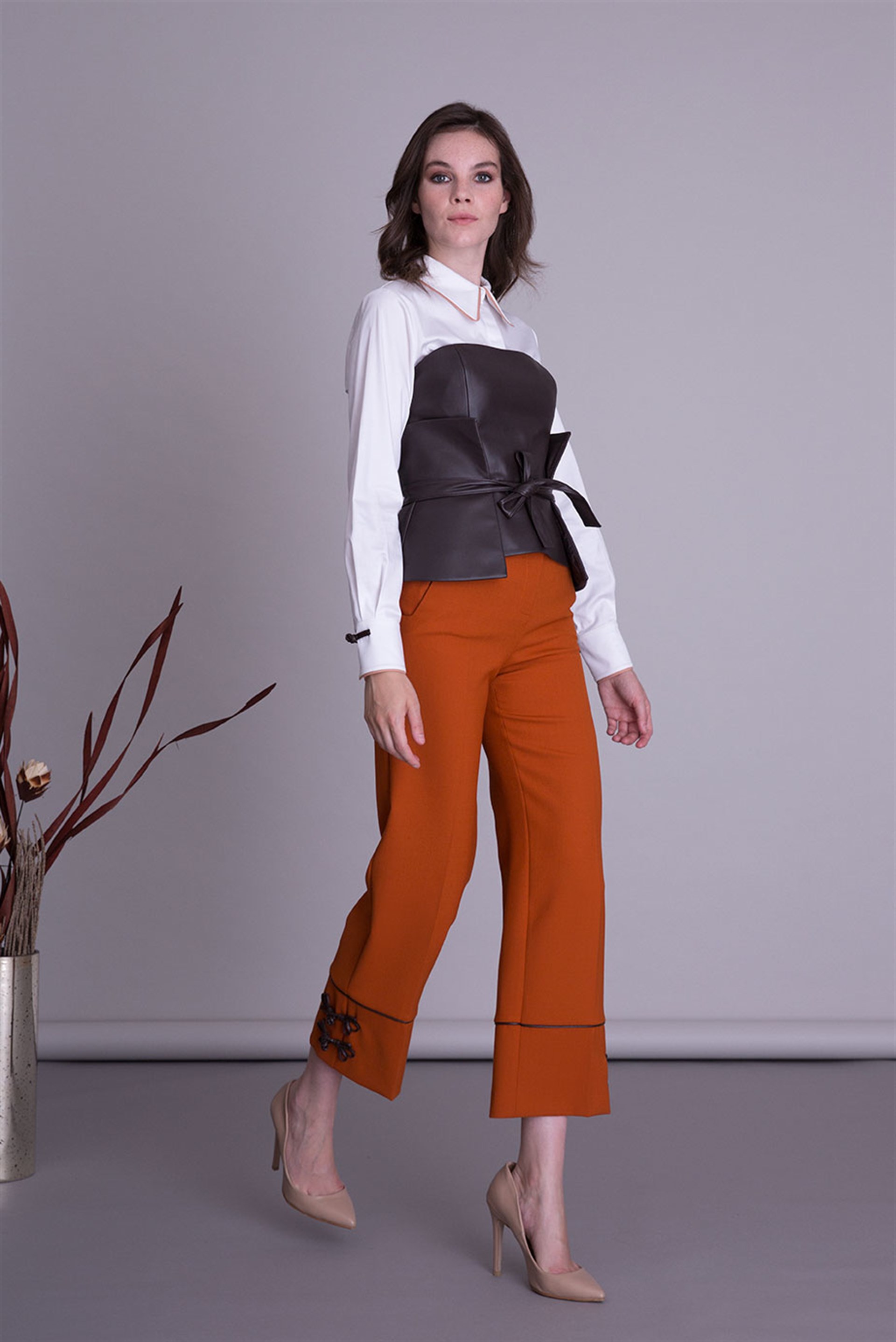Wide Leg Orange Fabric Trousers With Leather Accessories