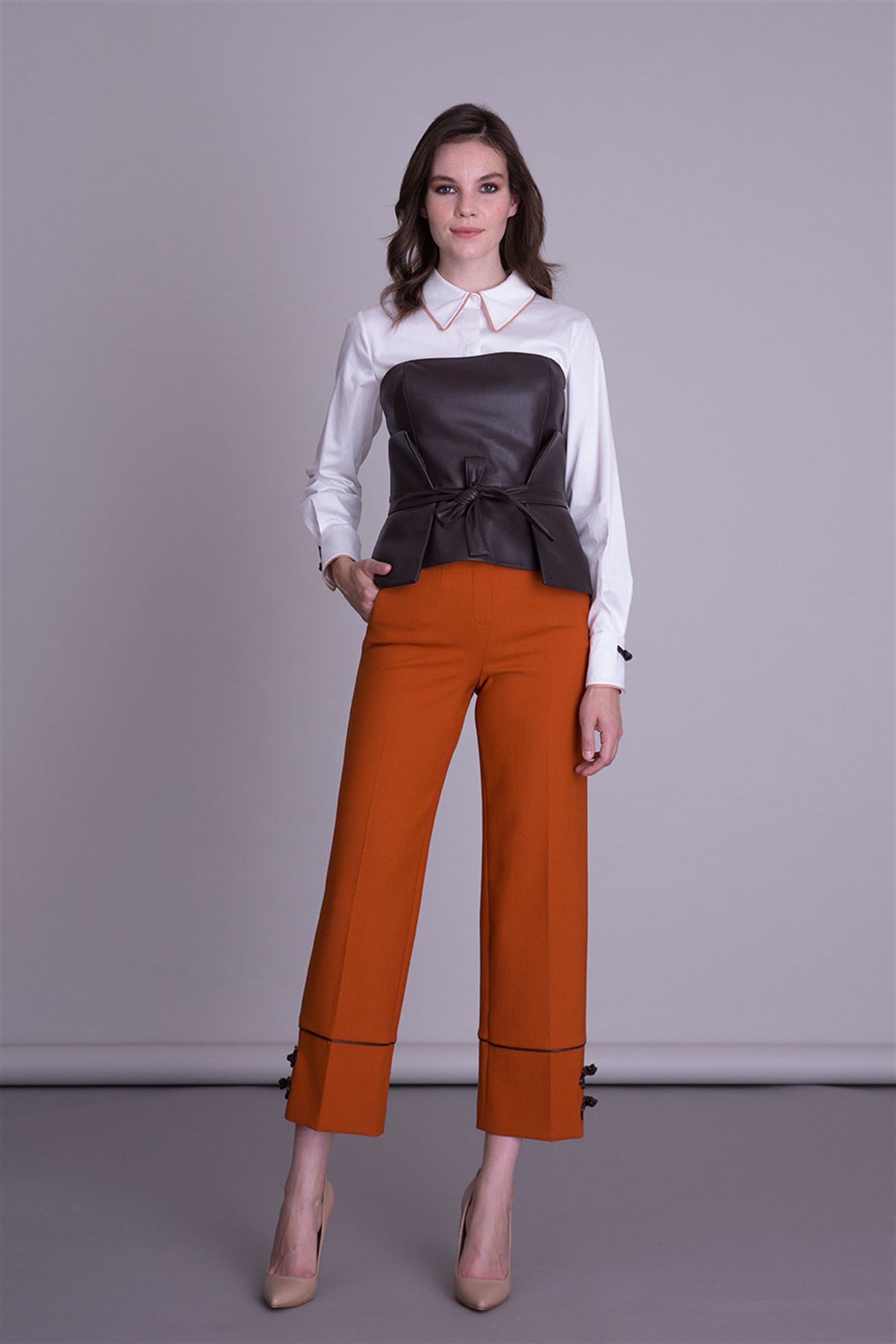 Wide Leg Orange Fabric Trousers With Leather Accessories