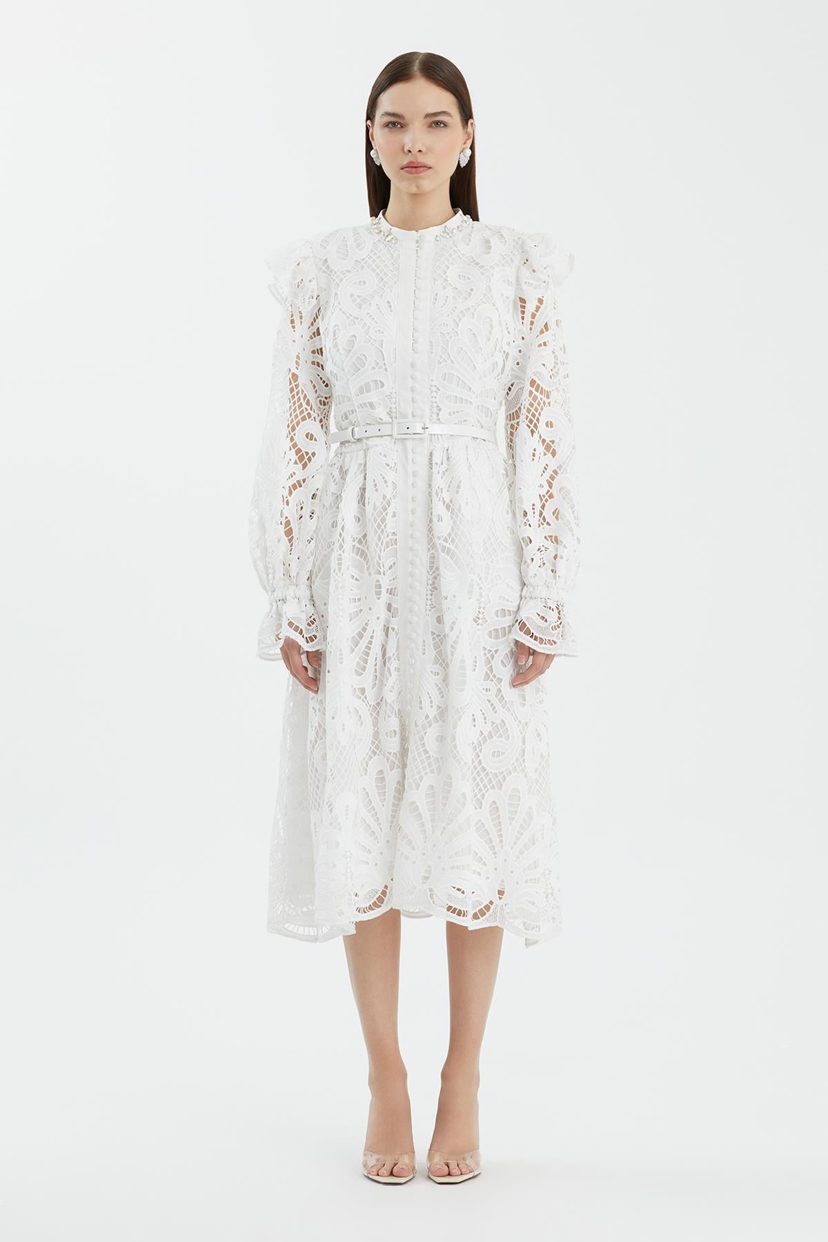 Ecru Leather-Belt Gathered Sleeve Midi Dress
