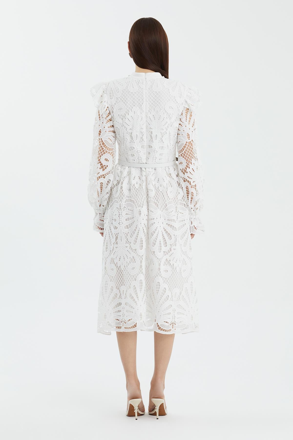 Ecru Leather-Belt Gathered Sleeve Midi Dress