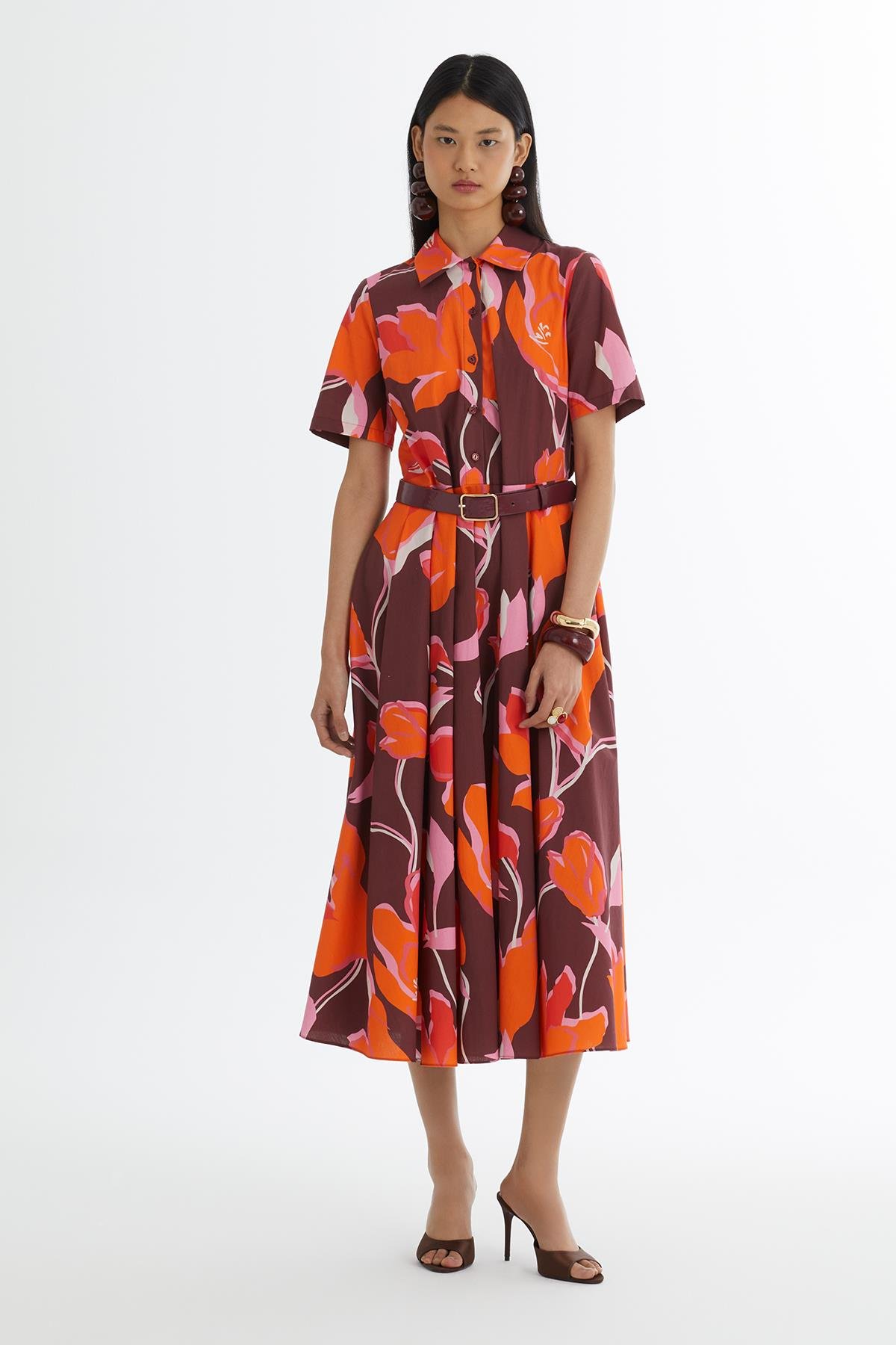 Red Leather-Belted Ruffle Dress