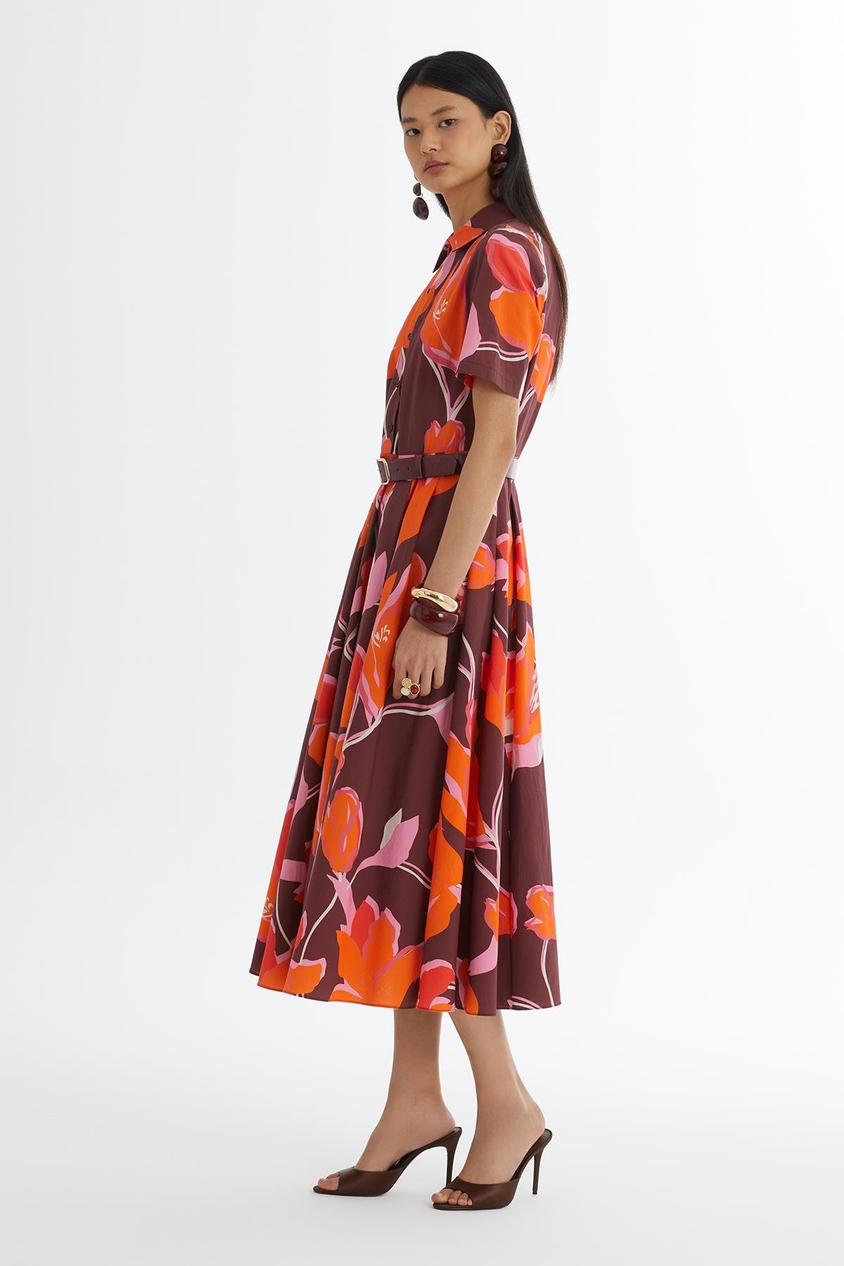 Red Leather-Belted Ruffle Dress