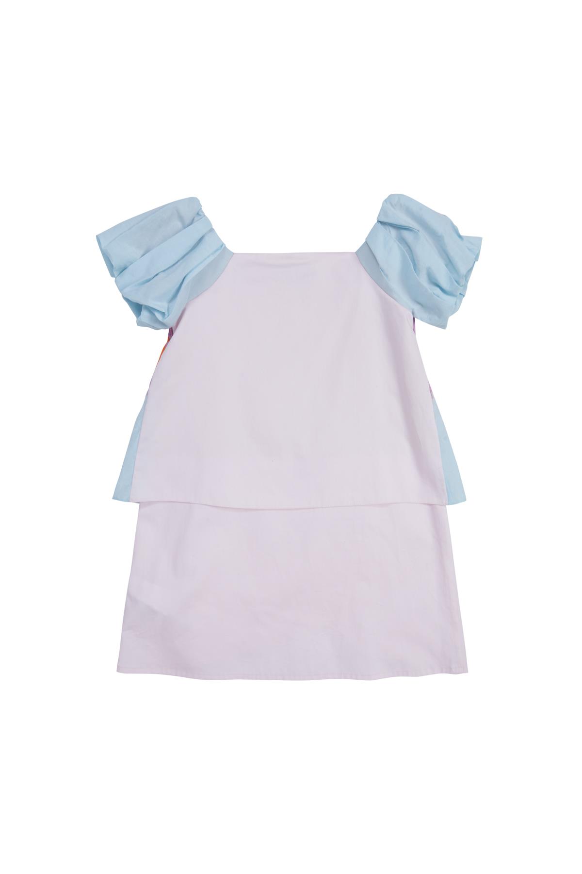 Desenli Etek Ucu Asimetrik Kolları Pileli Pembe Elbise