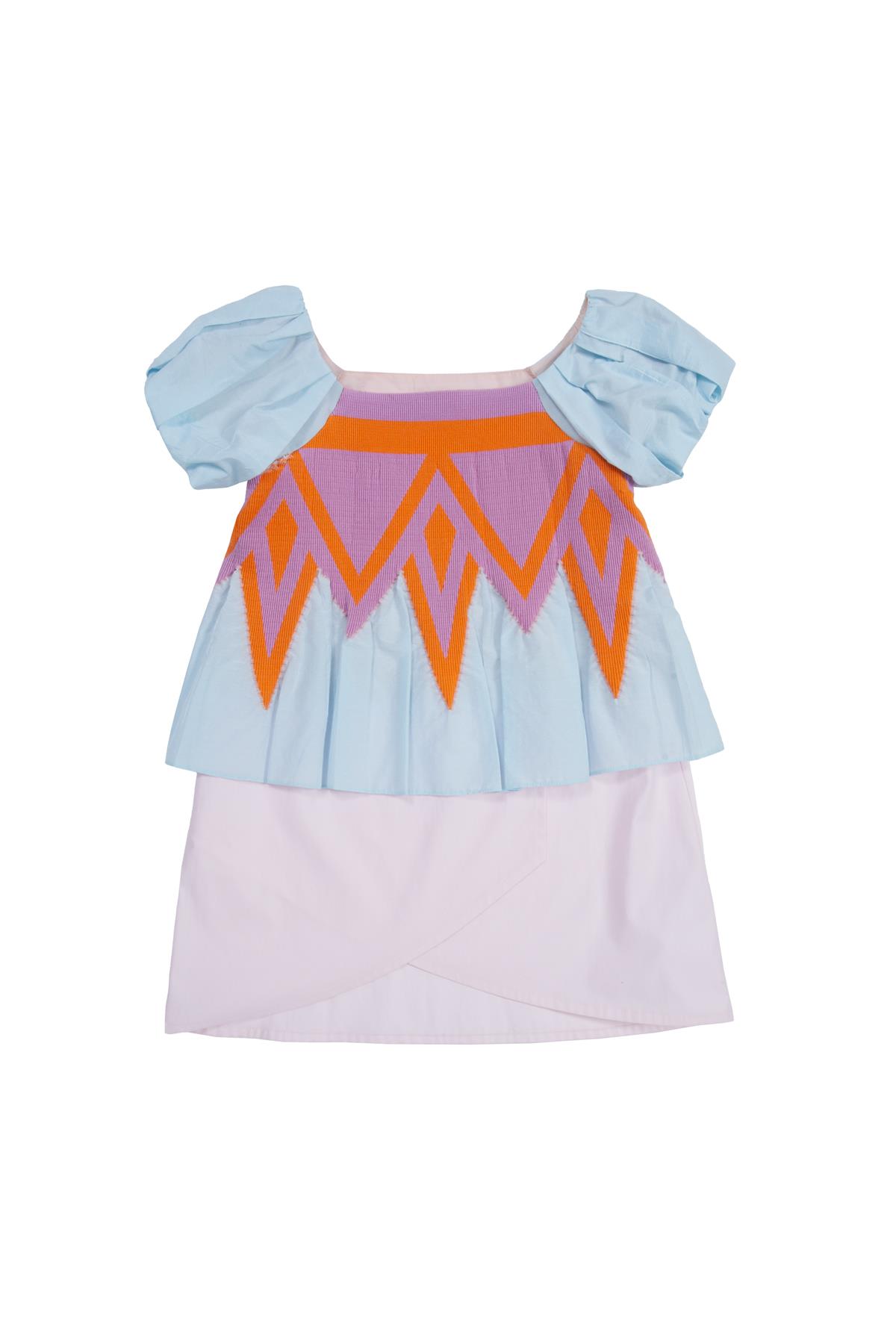 Desenli Etek Ucu Asimetrik Kolları Pileli Pembe Elbise