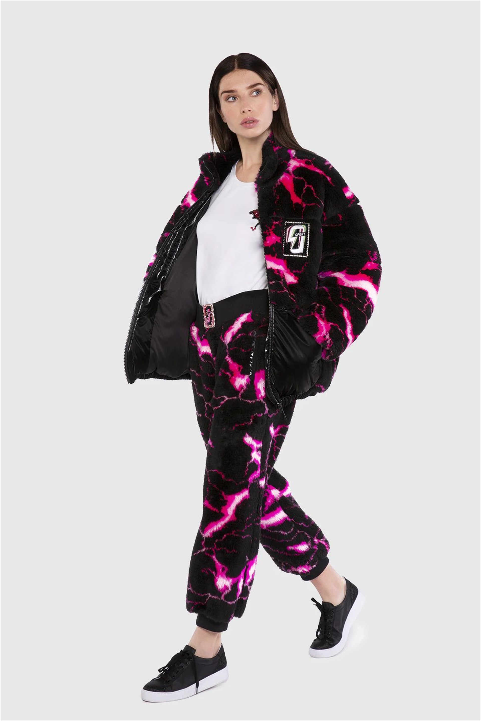 Patterned Plush Fur Embroidery Detailed Pink Inflatable Coat