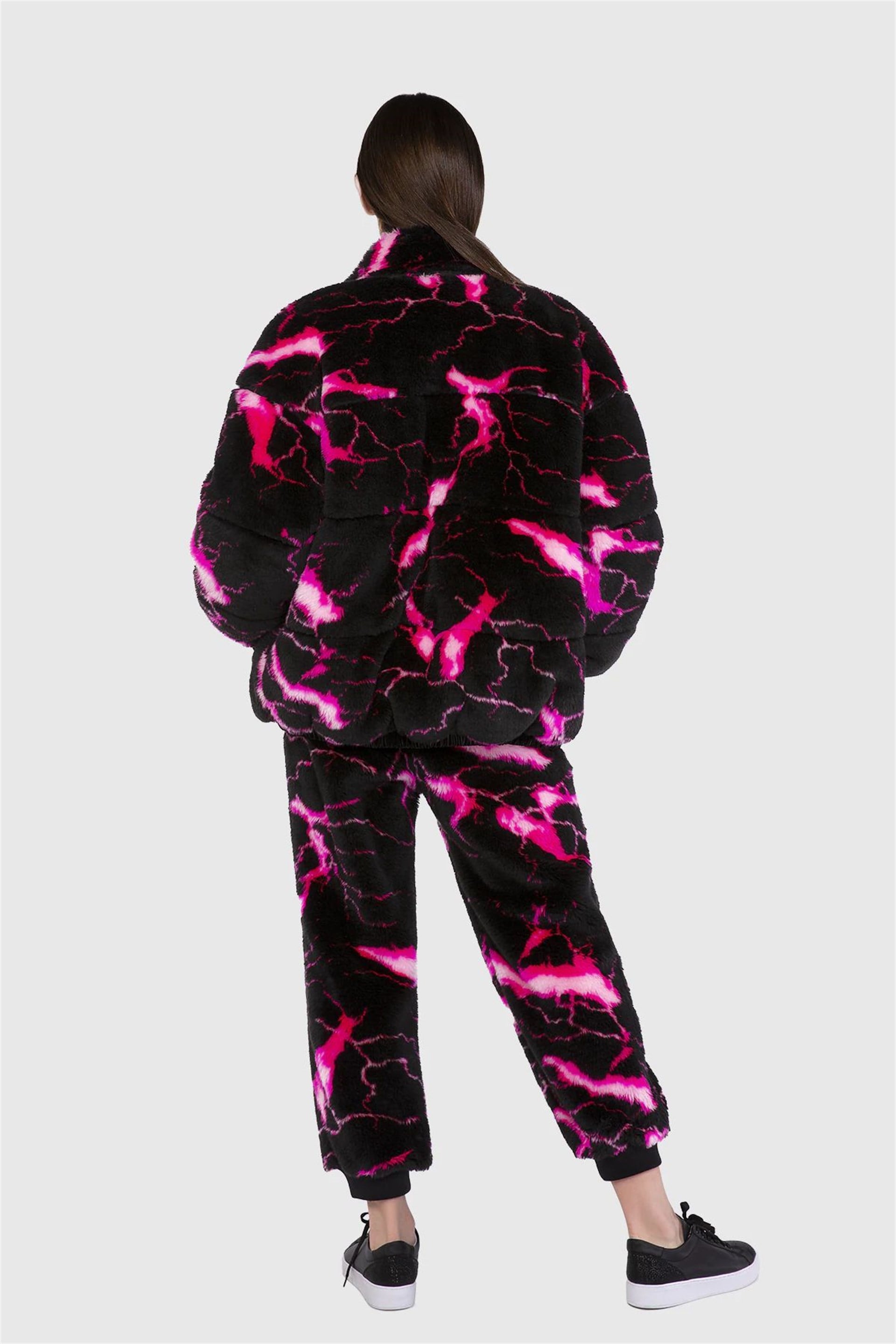 Patterned Plush Fur Embroidery Detailed Pink Inflatable Coat
