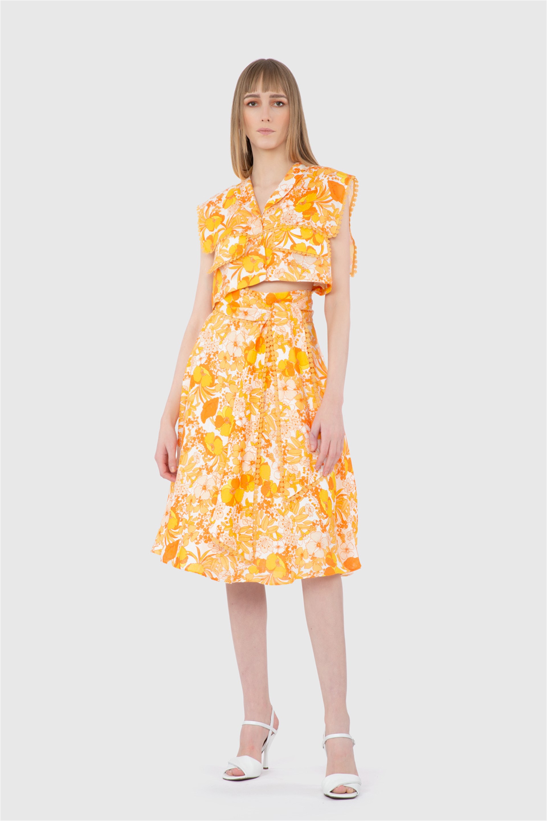 Desenli Yüksek Bel Sarı Etek