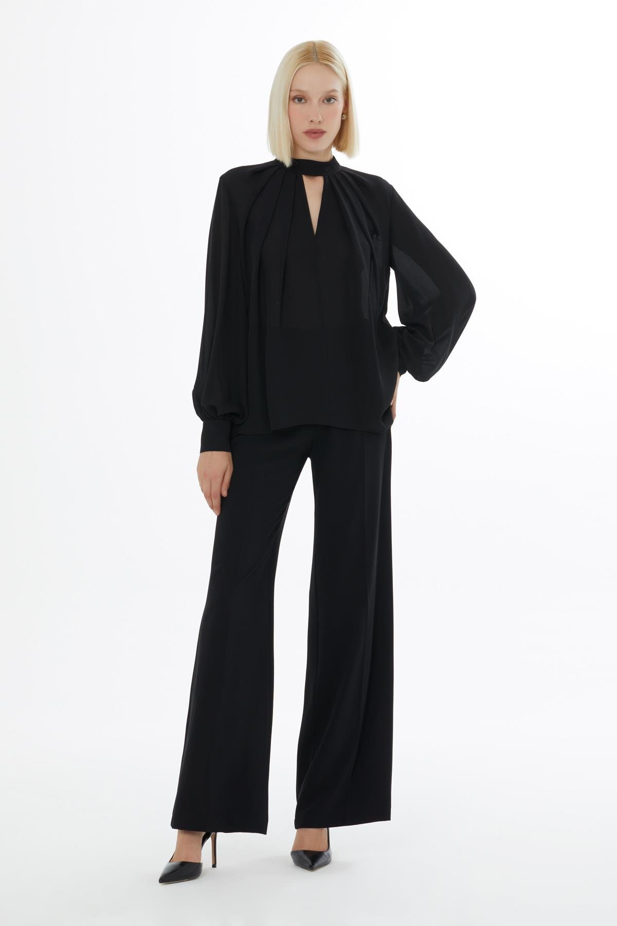 Draped Neck Pile Detail Semi-Transparent Caramel Blouse