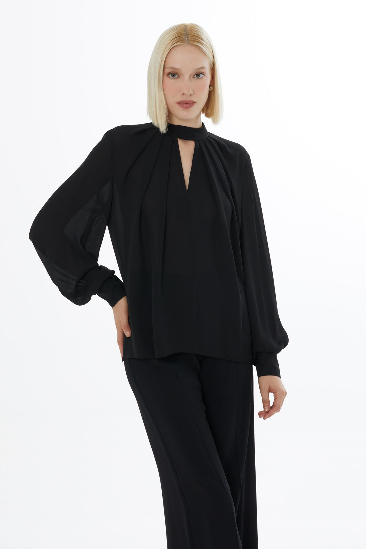 Draped Neck Pile Detail Semi-Transparent Caramel Blouse