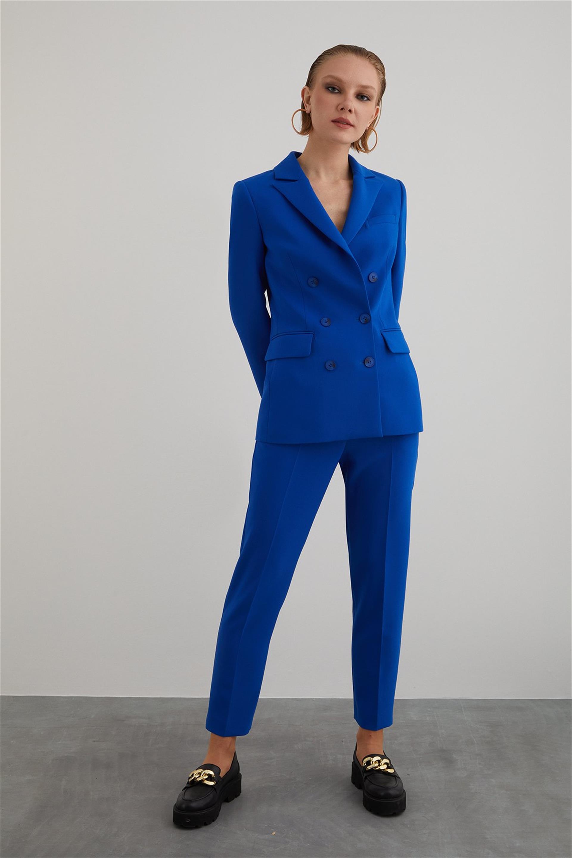 Double Breasted Carrot Pants Regular Navy Blue Fit Suit