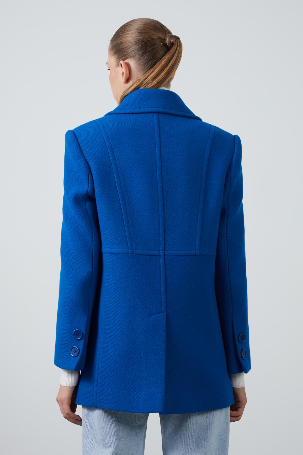 Kruvaze Kapama Geniş Cepli Mavi Ceket