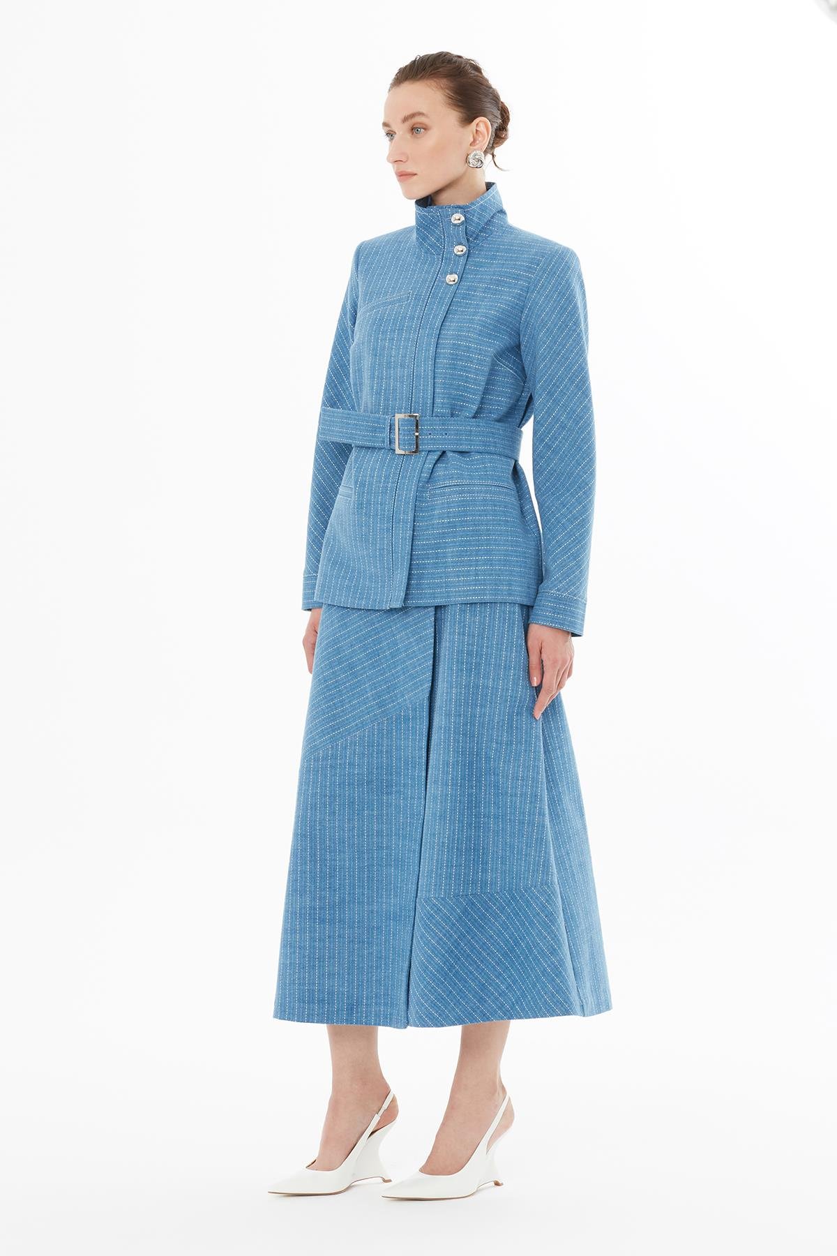 Blue Fitted Jacket with Waist Buttons