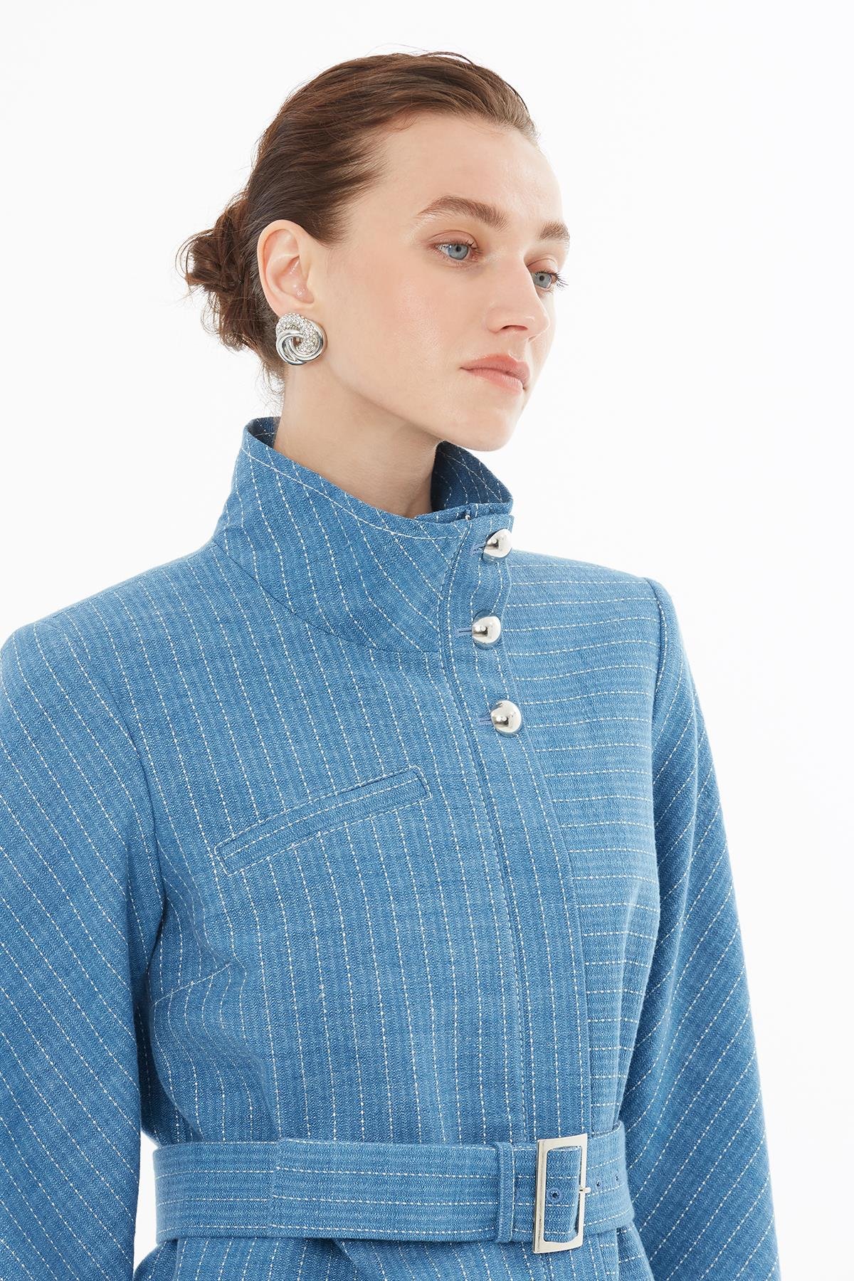 Blue Fitted Jacket with Waist Buttons