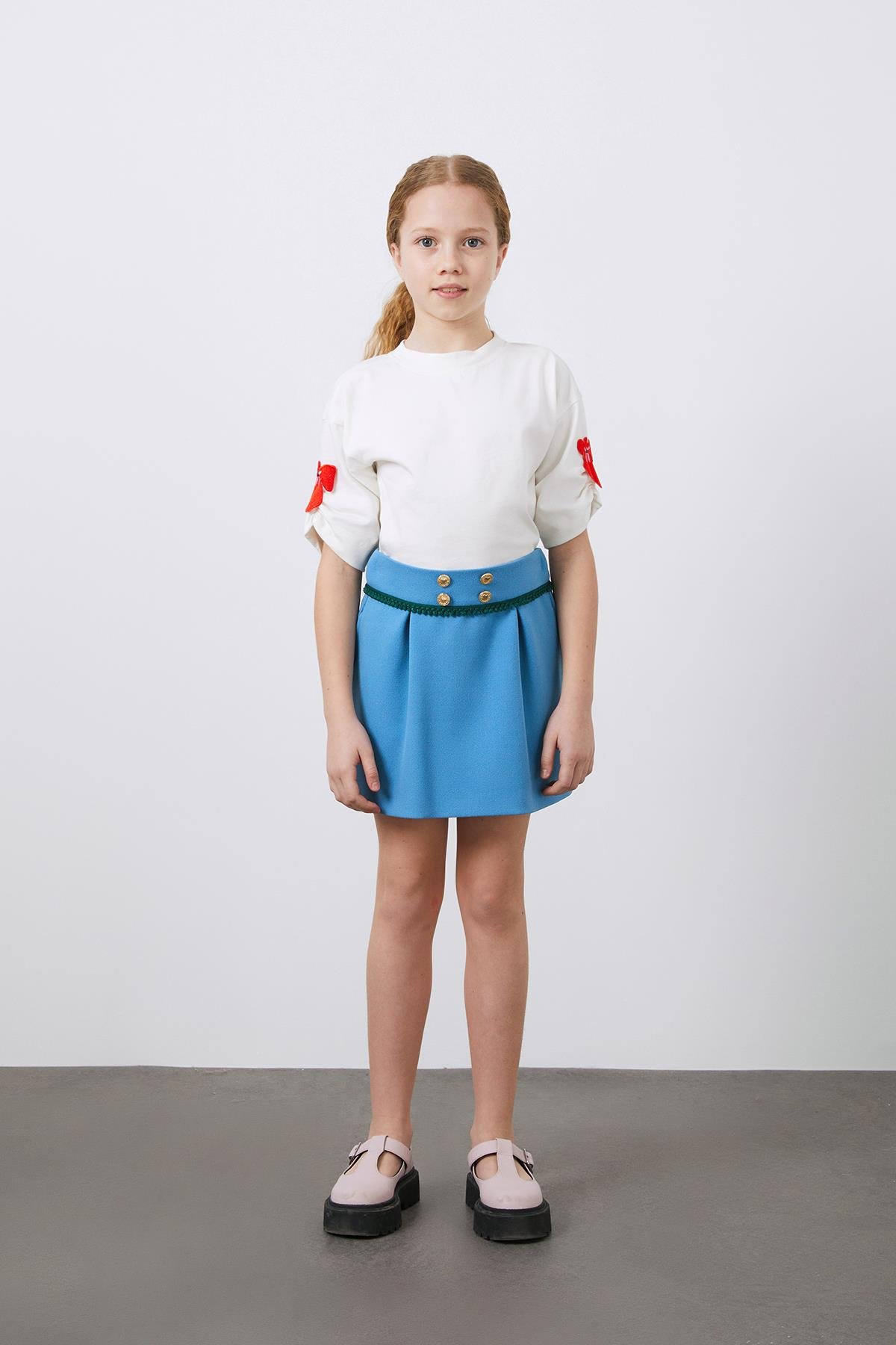 Düğme Detaylı Mavi Kız Çocuk Mini Etek