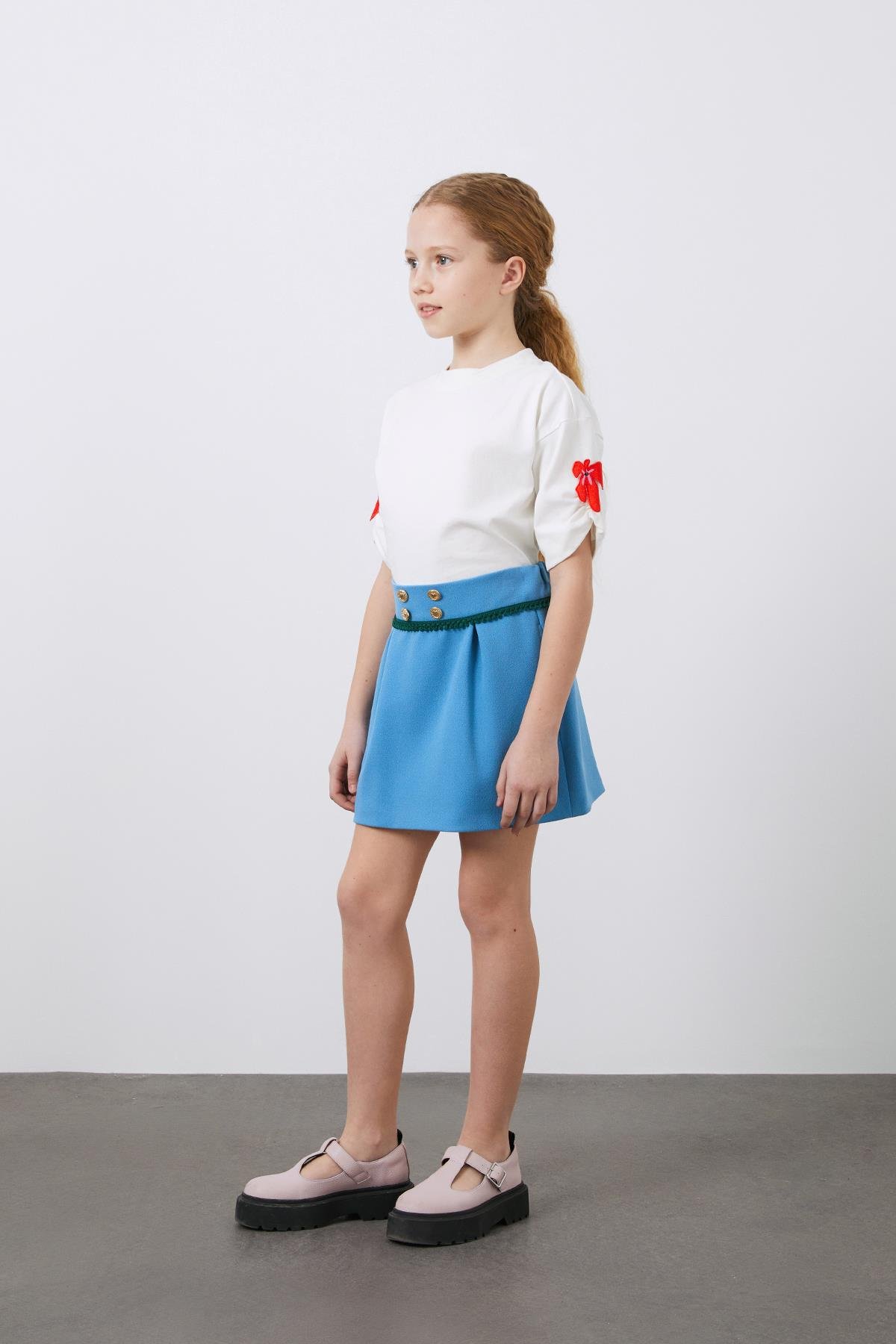 Düğme Detaylı Mavi Kız Çocuk Mini Etek