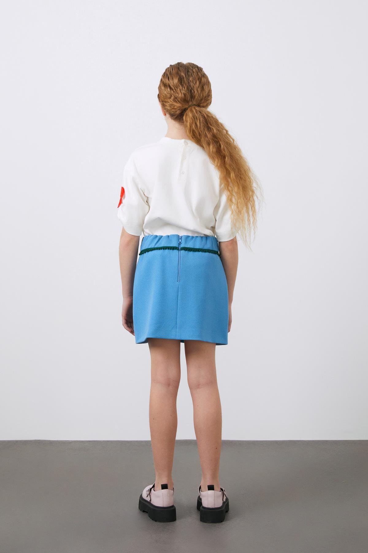 Düğme Detaylı Mavi Kız Çocuk Mini Etek