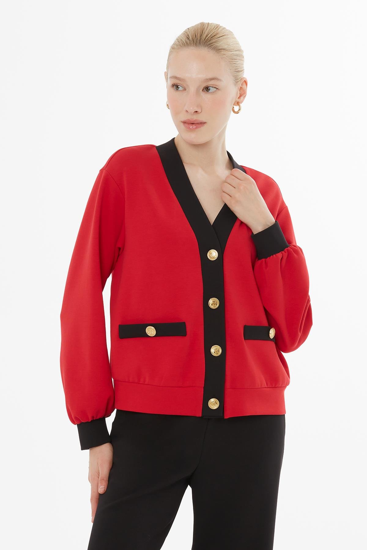 Düğme Kapamalı Hırka Ve Kordonlu Kırmızı Eşofman